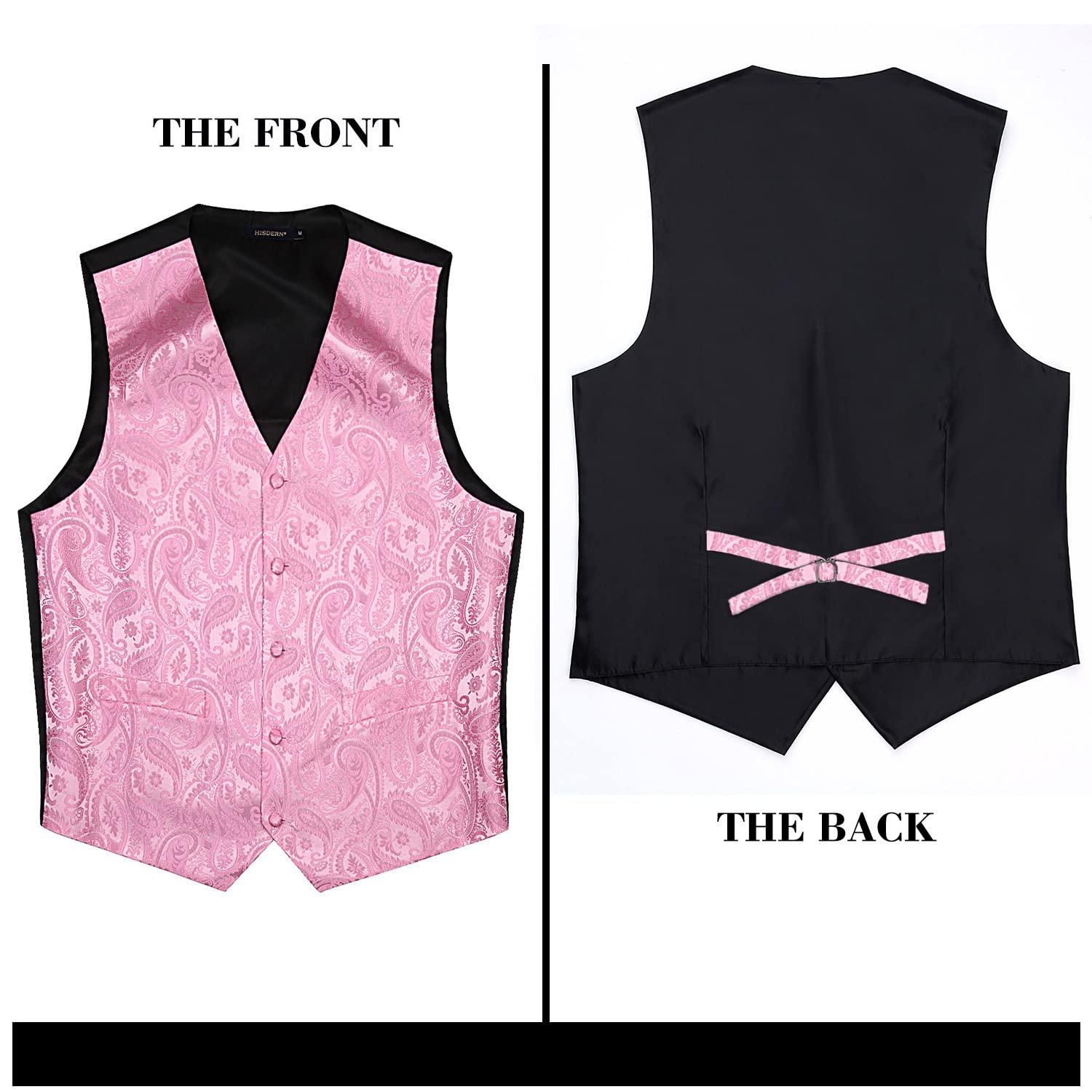 HISDERN HISDERN Men's Vest Tie Set Paisley Floral Jacquard Casual Silk Necktie Pocket Square Waistcoat for Suit or Tuxedo Pink