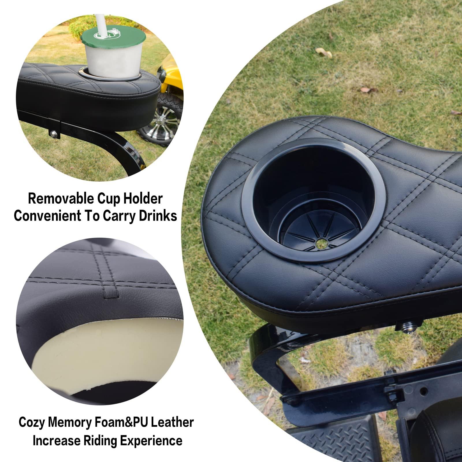 NOKINS NOKINS Golf Cart Diamond Armrest with Cup Holder No Drilling Required for Club Car EzGo Yamaha Rear Seat Kit Fits 1-inch Square Tube Black (Black Stitching)