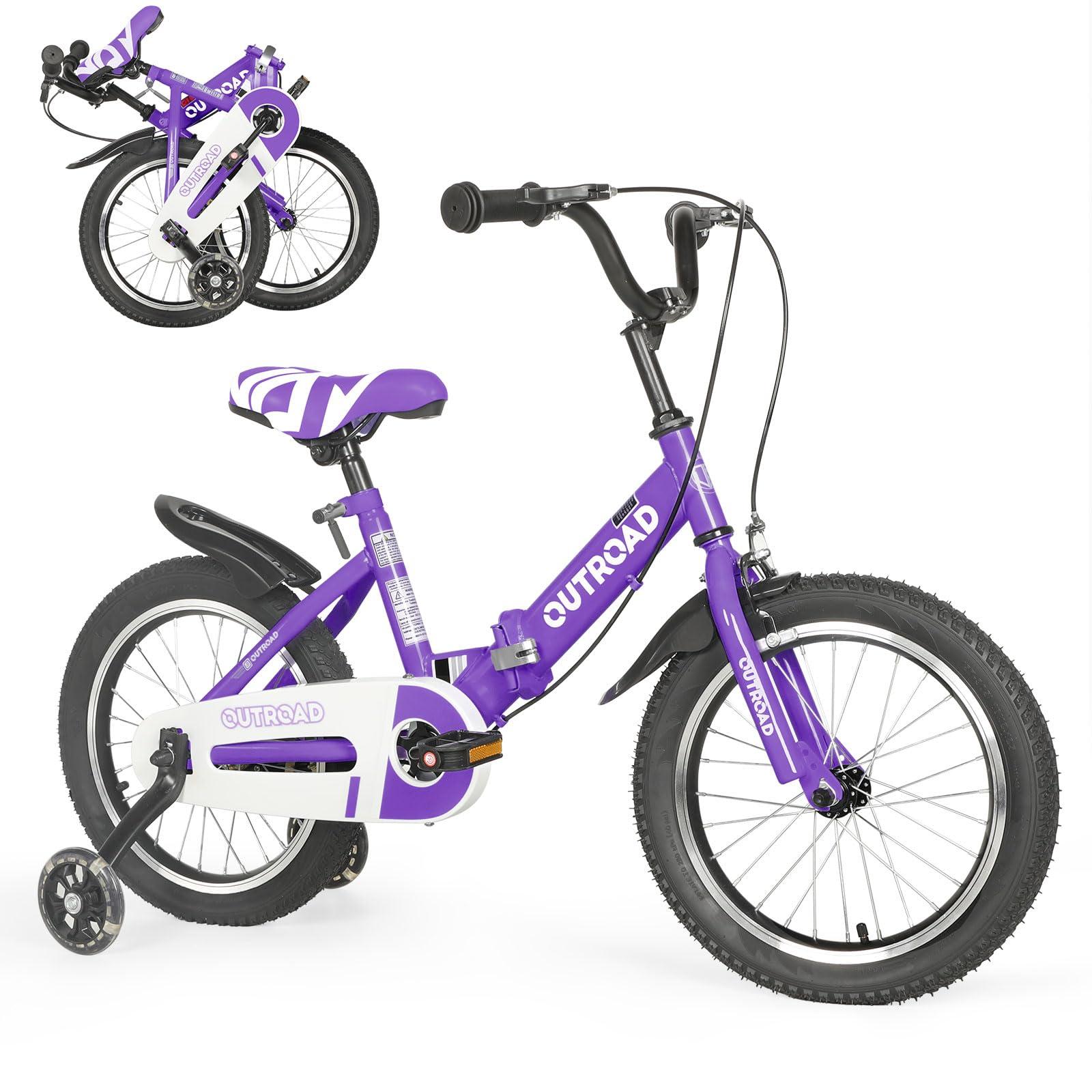 Betterland Betterland Folding Kids Bike,16 Inch Children Bicycle with Training Wheels and Dual Handbrakes Toddler Sport Bicycle for 3-9 Years Old Boys and Girls(Purple)