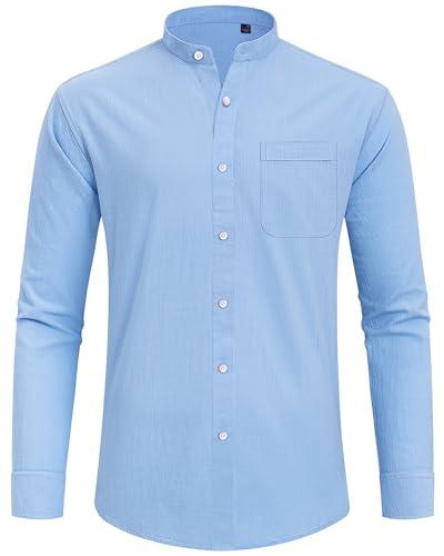 J.VER J.VER Men's Banded Collar Linen Shirts Long Sleeve Slim Fit Button Down Shirts Beach Wedding Shirt with Pocket Light Blue X-Large