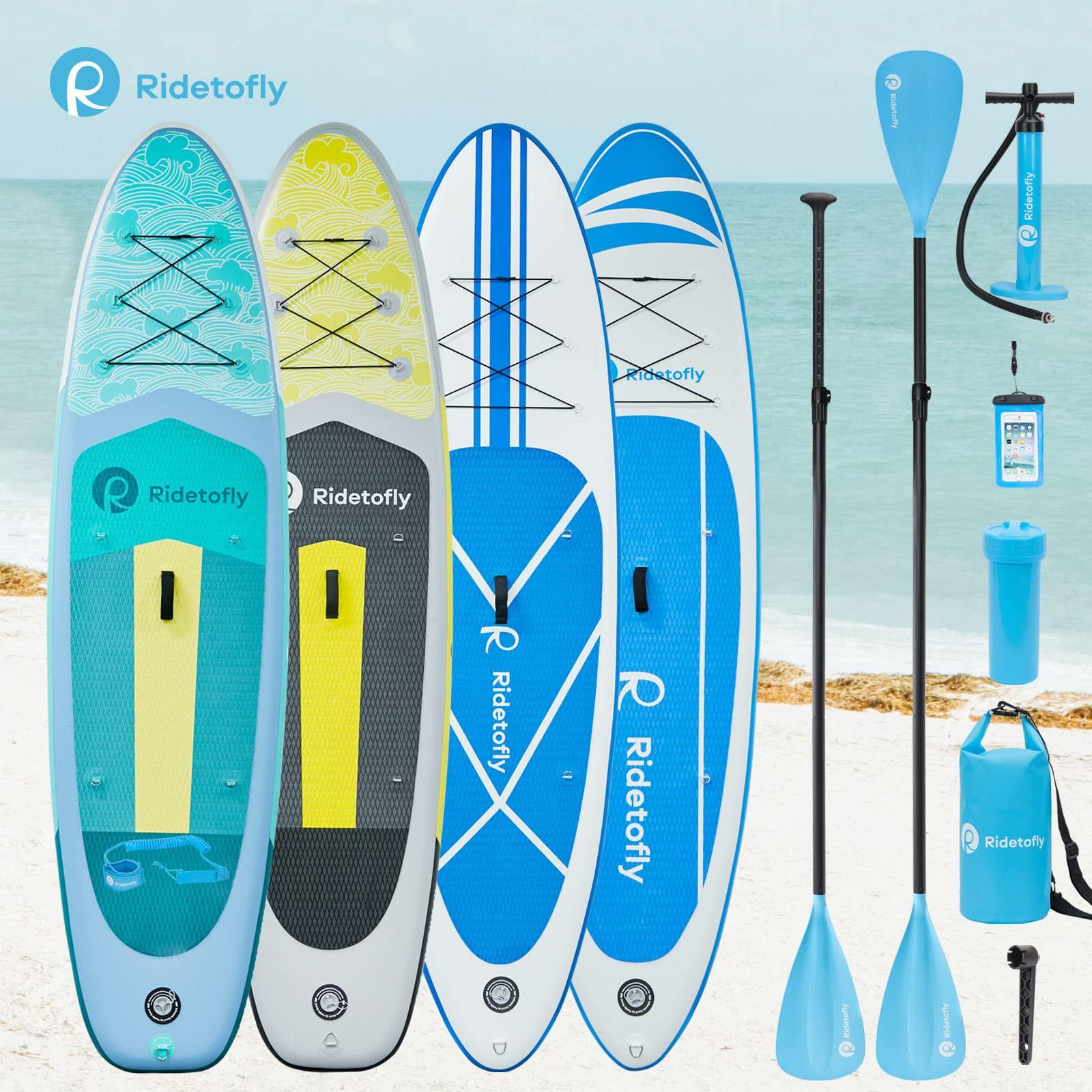 Ridetofly Ridetofly SU01 Stand Up Paddle Board, 10.6\'x32\'\'x6\'\' Inflatable Paddle Board with SUP Accessories, Included Hand Pump, Adjustable Paddle/Seat, Waterproof Bag, for Yoga, Fishing, Touring, Light-Blue