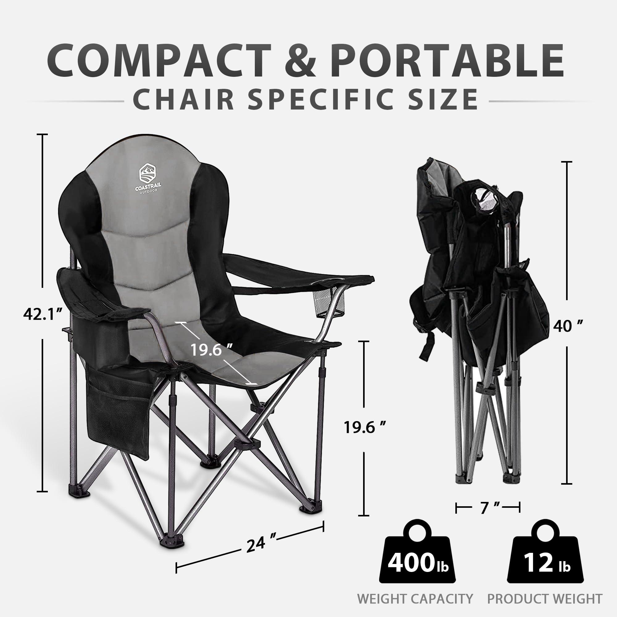 Coastrail Outdoor Coastrail Outdoor Camping Chair Oversized Padded Folding Quad Arm Chairs with Lumbar Back Support, Cooler Bag, Cup Holder & Side Pocket, Extra Head Pocket, Black&Gray