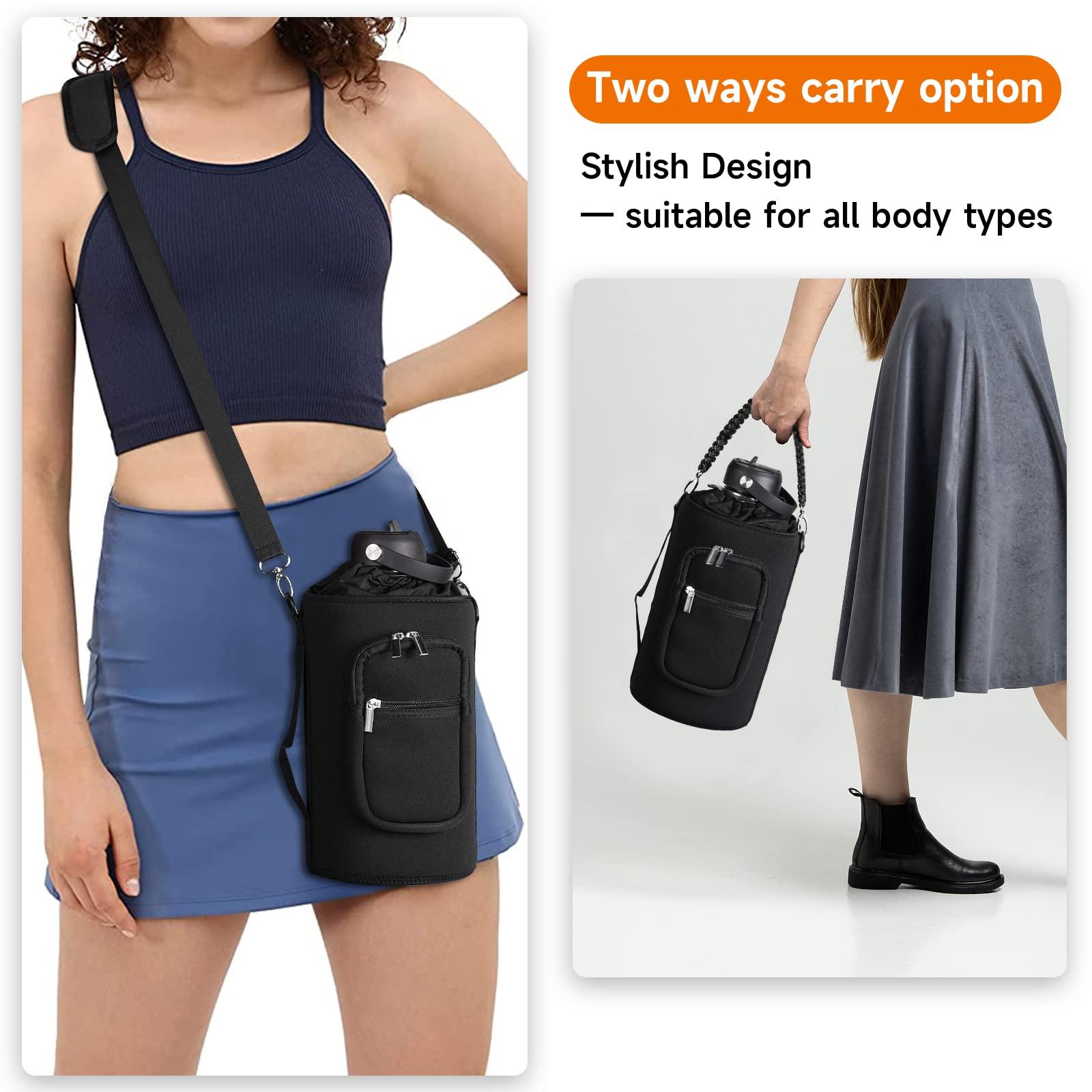 AceTreker AceTreker 64 oz /87 oz/128 oz Neoprene Water Bottle Sleeve for Insulated Metal Water Jug Bottles, Carrier Sling Bag with Adjustable Shoulder Strap & Paracord Handle and 2 Pocket for Walking-Black