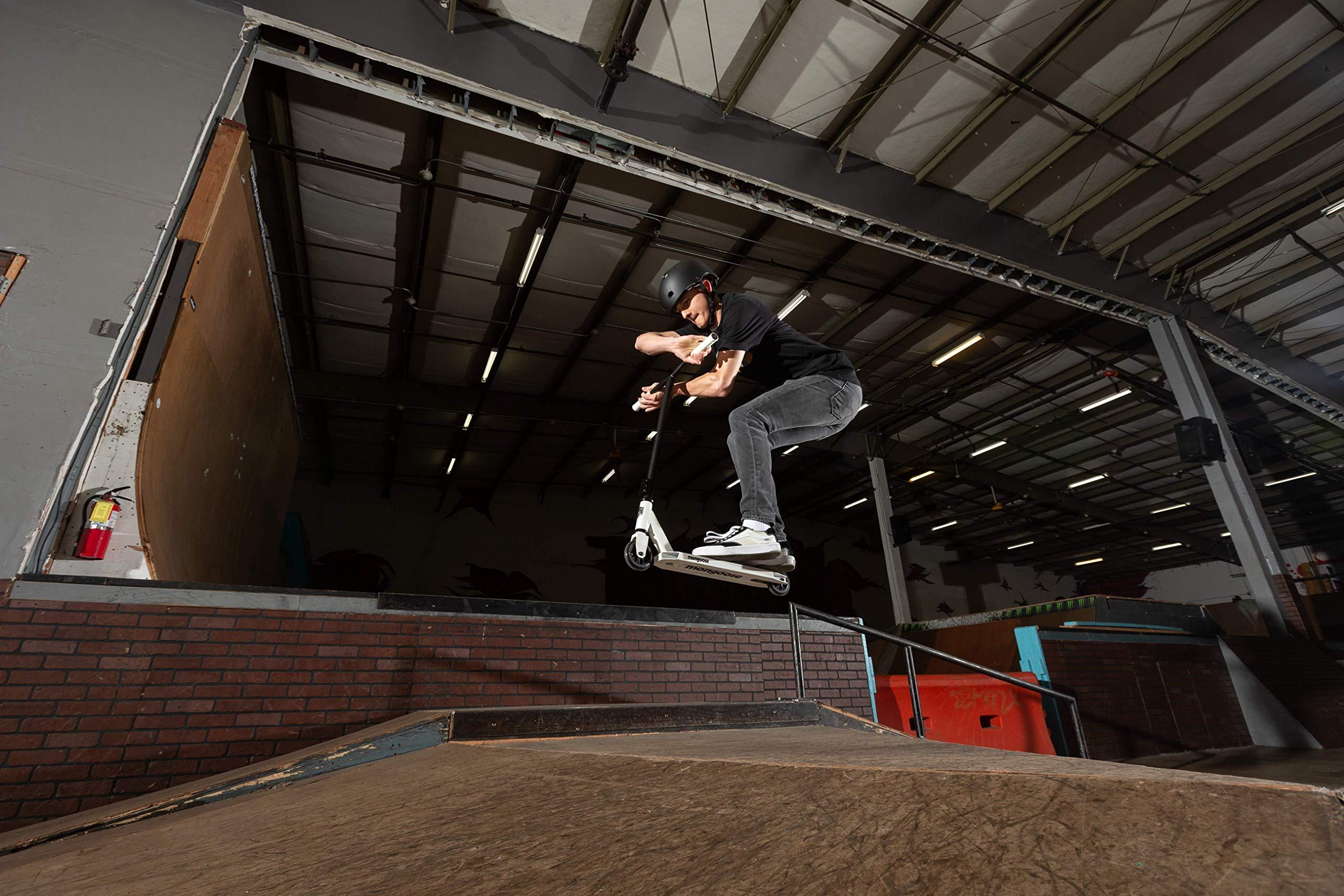 Mongoose Mongoose Rise 100 Freestyle Stunt Trick Scooter, Lightweight Alloy Deck & Heavy-Duty Frame Up to 220 lbs., Bike-Style Grip, High Impact 100mm Wheels, White/Red