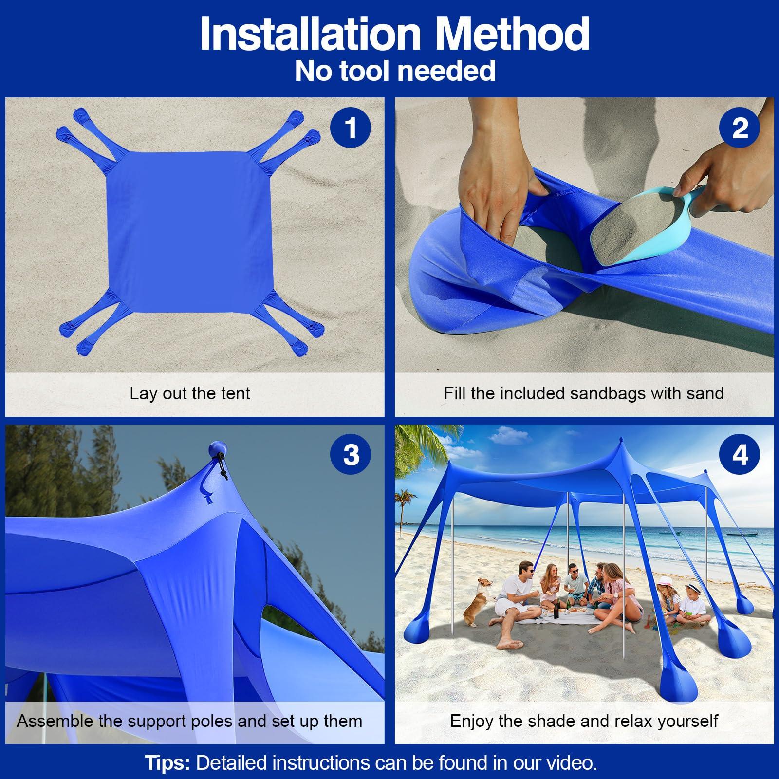 Rhino Valley Rhino Valley Beach Tent, 10 x 10 FT Beach Shade UPF50+ Protection, BeachCanopy with 8 Sandbags 4 Stability Poles, Outdoor BeachTent Sun Shelter Umbrella for Sand, Camping, Fishing Essentials, Indigo