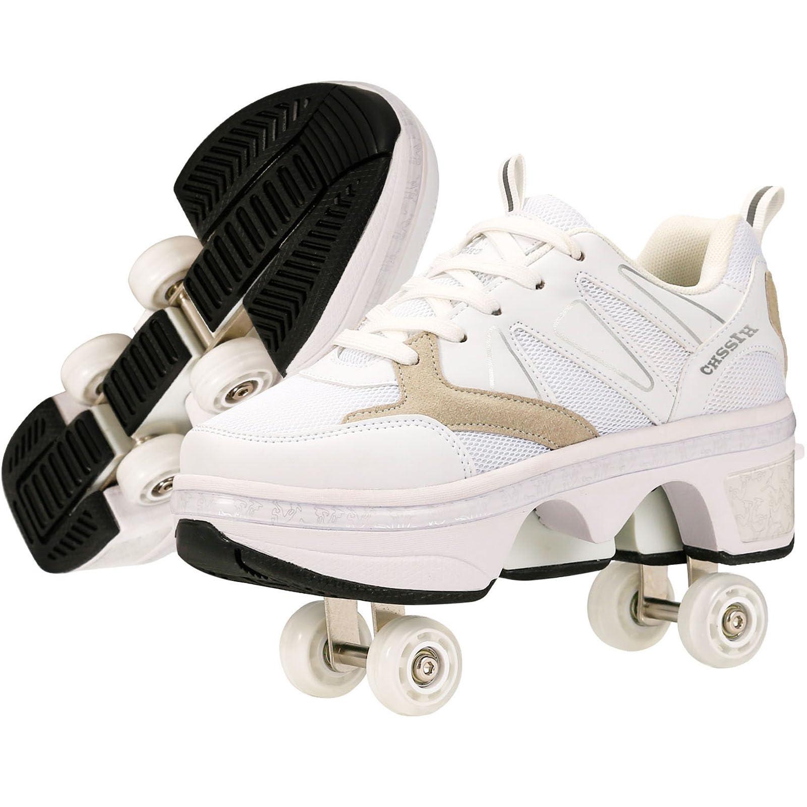 CHSSIH Shoes with Wheels Roller Skate Shoes for Girls, Kids, Women, Men & Adults | Retractable High Roller Skating Shoes That Pop Out Into Sneaker Skates - White, 5.5