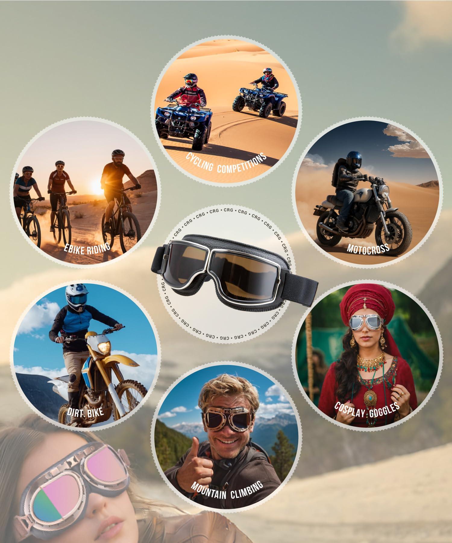 CRG Sports CRG Sports Motorcycle Goggles Vintage Aviator Pilot Style Leather Cruiser Scooter Motocross Goggles for Men, Women,Adults