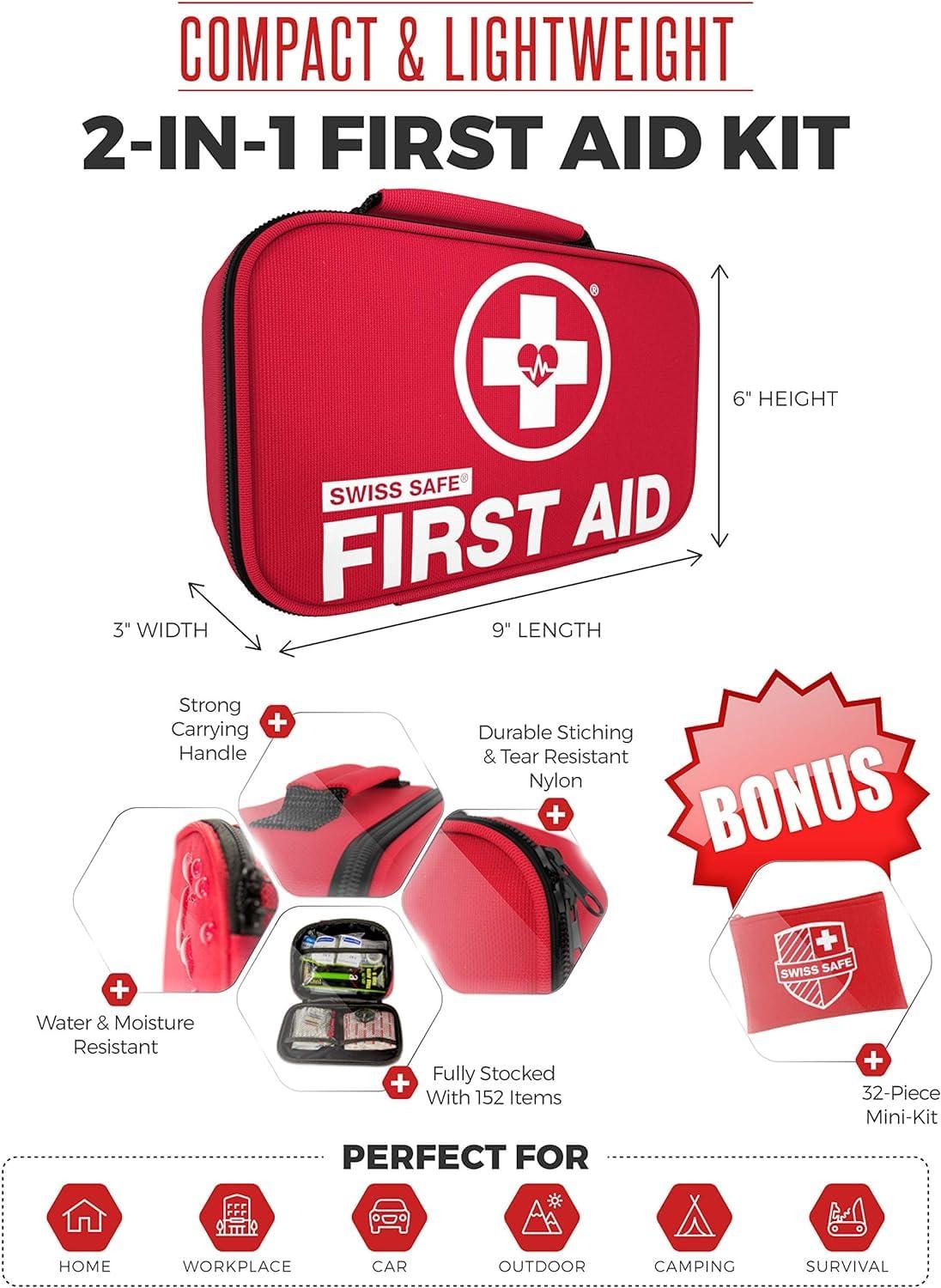 Swiss Safe Swiss Safe 2-in-1 First Aid Kit for Car, Travel & Home, Businesses - Bonus Mini Kit for Medical Emergency Aid, Survival, Camping - FSA & HSA Eligible - 120+32 Pcs, Small+Travel FAK