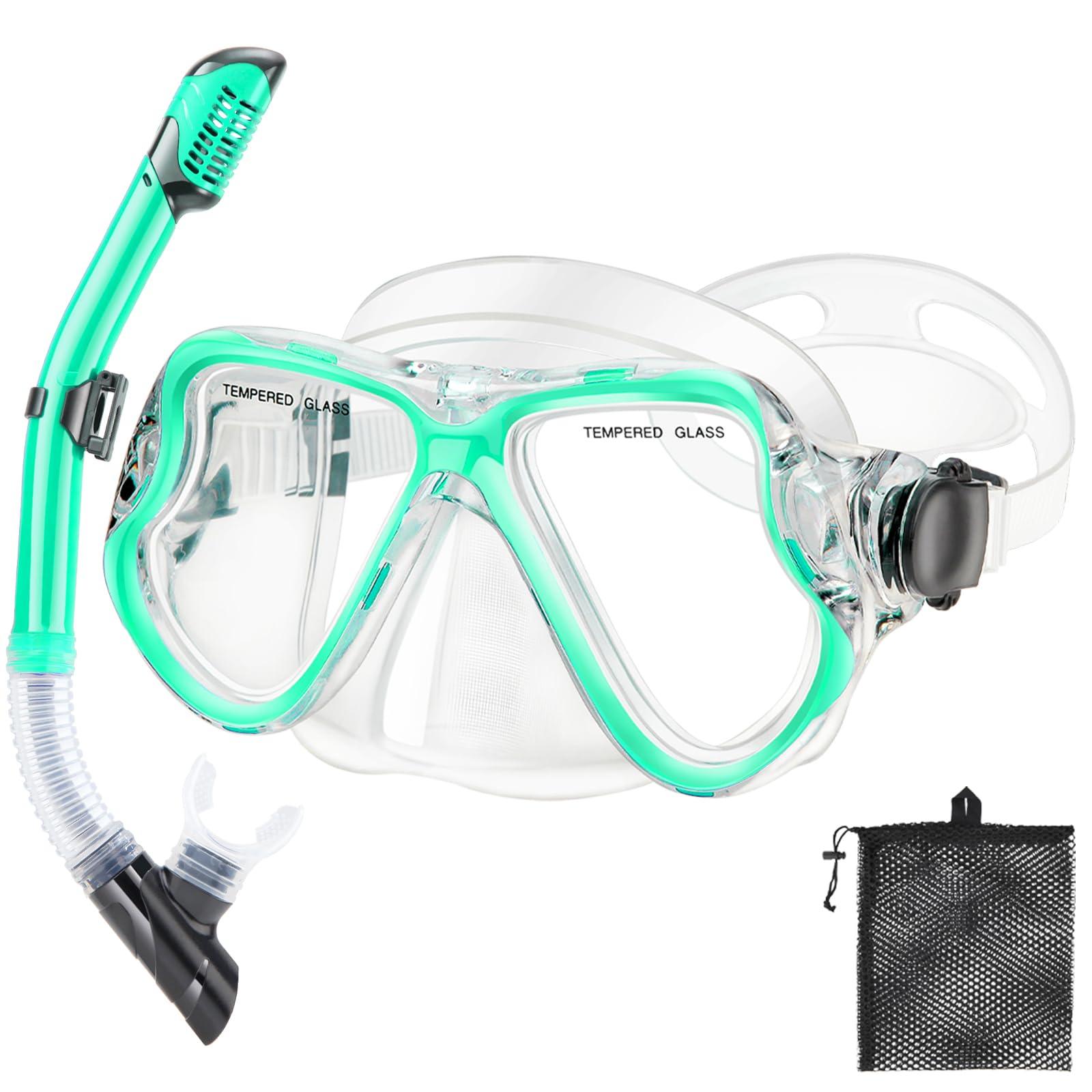 PIYAZI PIYAZI Snorkeling Gear for Adults Kids, Dry Snorkeling Set, Panoramic Anti-Leak and Anti-Fog Tempered Glass Lens, Adjustable Strap Snorkel Set with Mesh Bag Ear Plug for Snorkeling Scuba Diving Travel