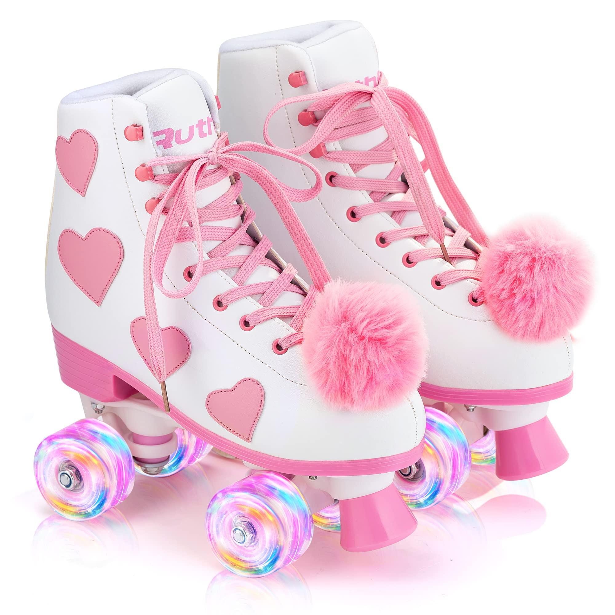 Ruthfot Ruthfot Women\'s and Girl\'s Classic Roller Skates with Light up Wheels and Love Heart Pattern, High-top PU Leather Rollerskates