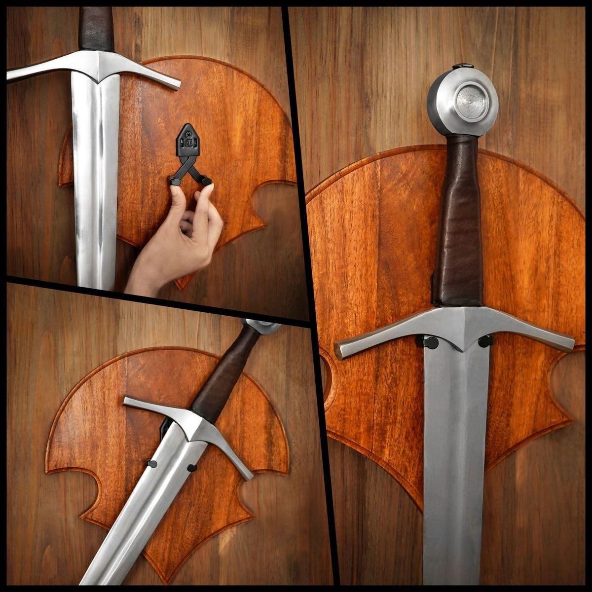 Mythrojan Mythrojan Wooden Sword Wall Mount Medieval Sword Plaque Sword Holder for Display Holder with Hardware Sword Hanger Wall Vertical Mount Single Rack Display Holder Home Dcor, Natural - 11.75\" x 11.75\"