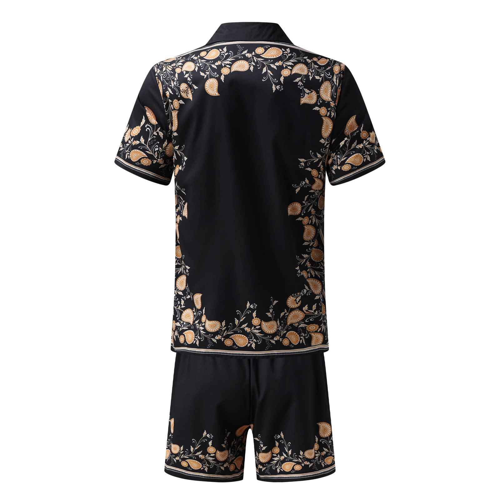 QWENTMTNTY Mens Hawaiian Shirts and Shorts Sets Casual 2 Piece Matching Outfit Luxury Floral Button Up Short Sleeve Dress Shirt Set Black