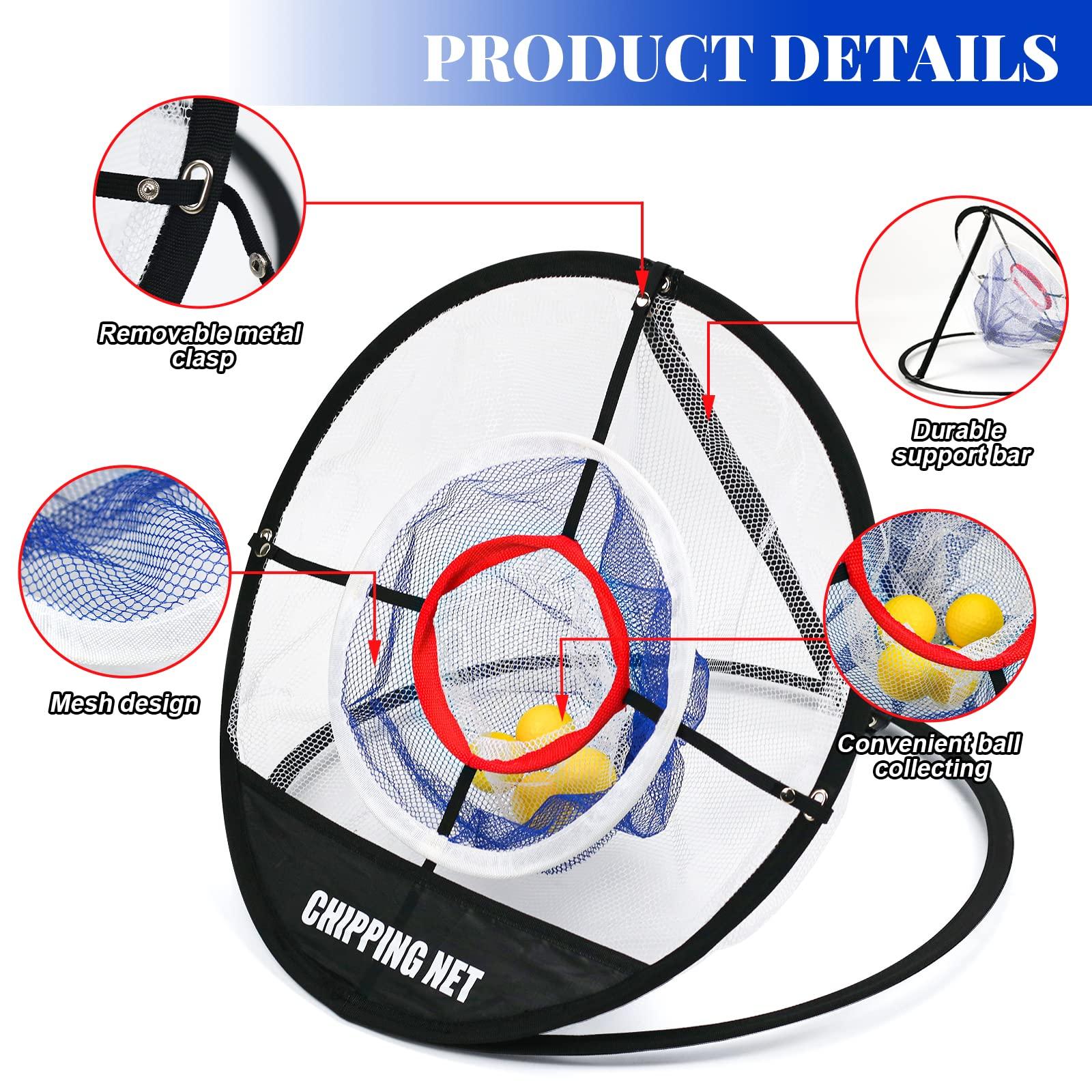 REYSHIN Golf Practice Chipping Net with Golf Hitting Mat, Pop Up Golf Nets Portable Chipping Net Golf Target Wooden Tees Rubber Tee Holder Golf Balls Fixed Parts for Swing Training(Golf Net+Mat)