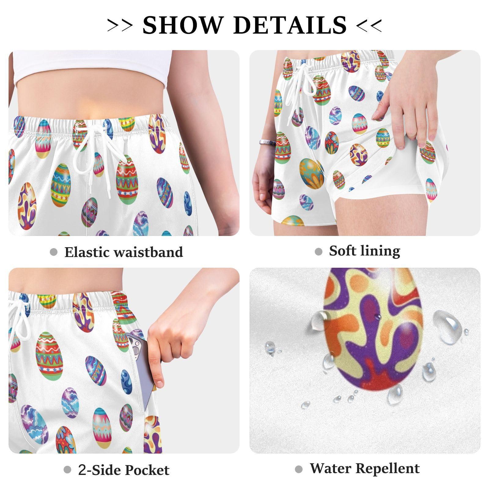 HURPAN HURPAN Easter Eggs Womens Quick Dry Beach Shorts Athletic Swim Bottom Swimsuit with Liner Pockets
