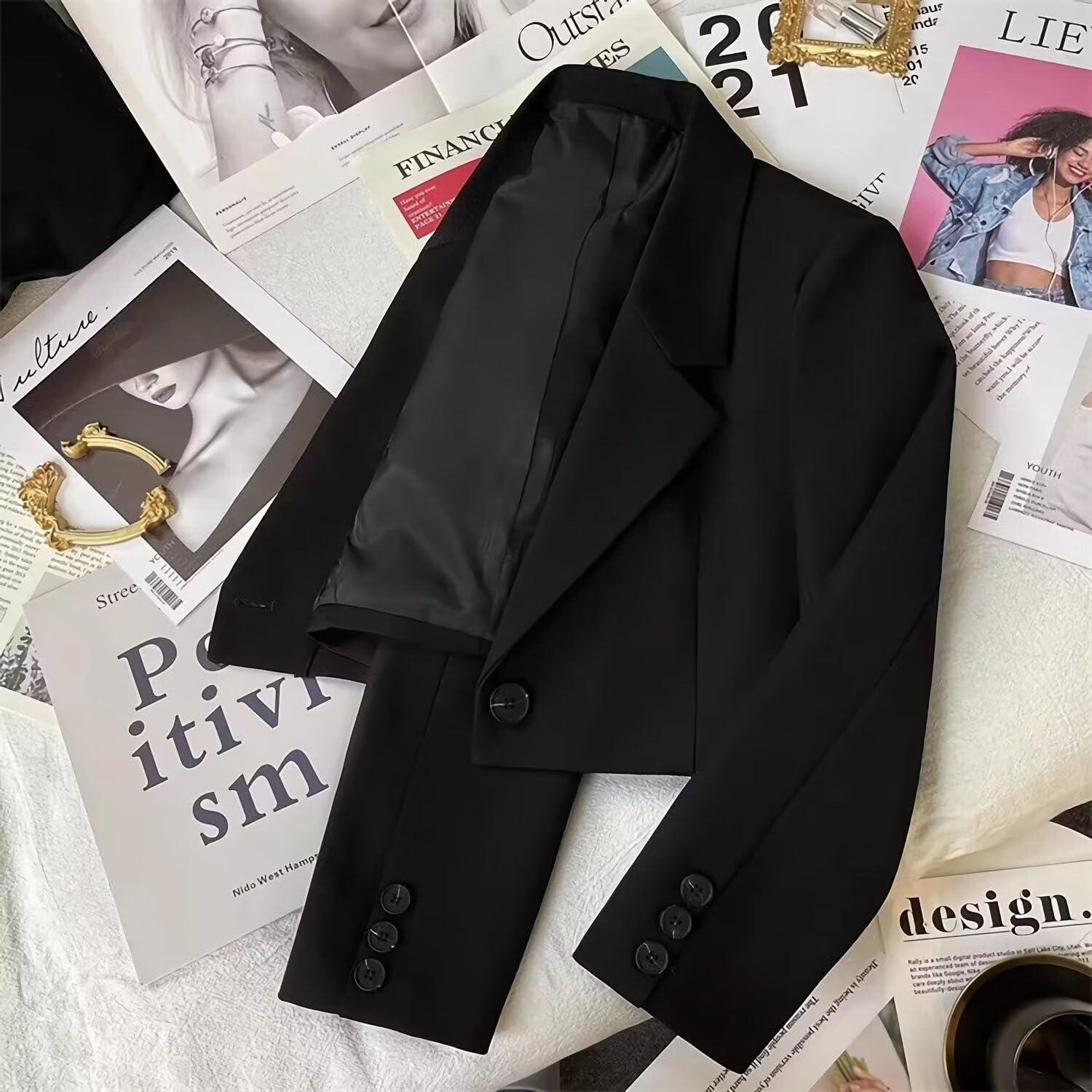 Setwell Cropped Blazer for Women Trendy Petite Jacket Dressy Casual Long Sleeve Work Office Crop Top Button Front Business Outfits Beige