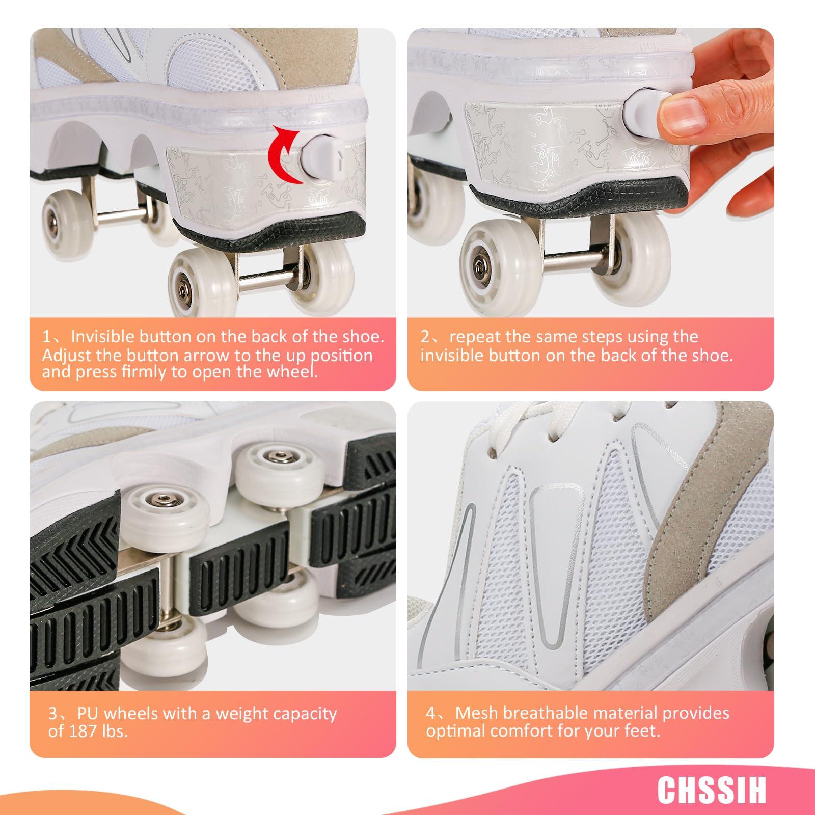 CHSSIH Shoes with Wheels Roller Skate Shoes for Girls, Kids, Women, Men & Adults | Retractable High Roller Skating Shoes That Pop Out Into Sneaker Skates - White, 5.5