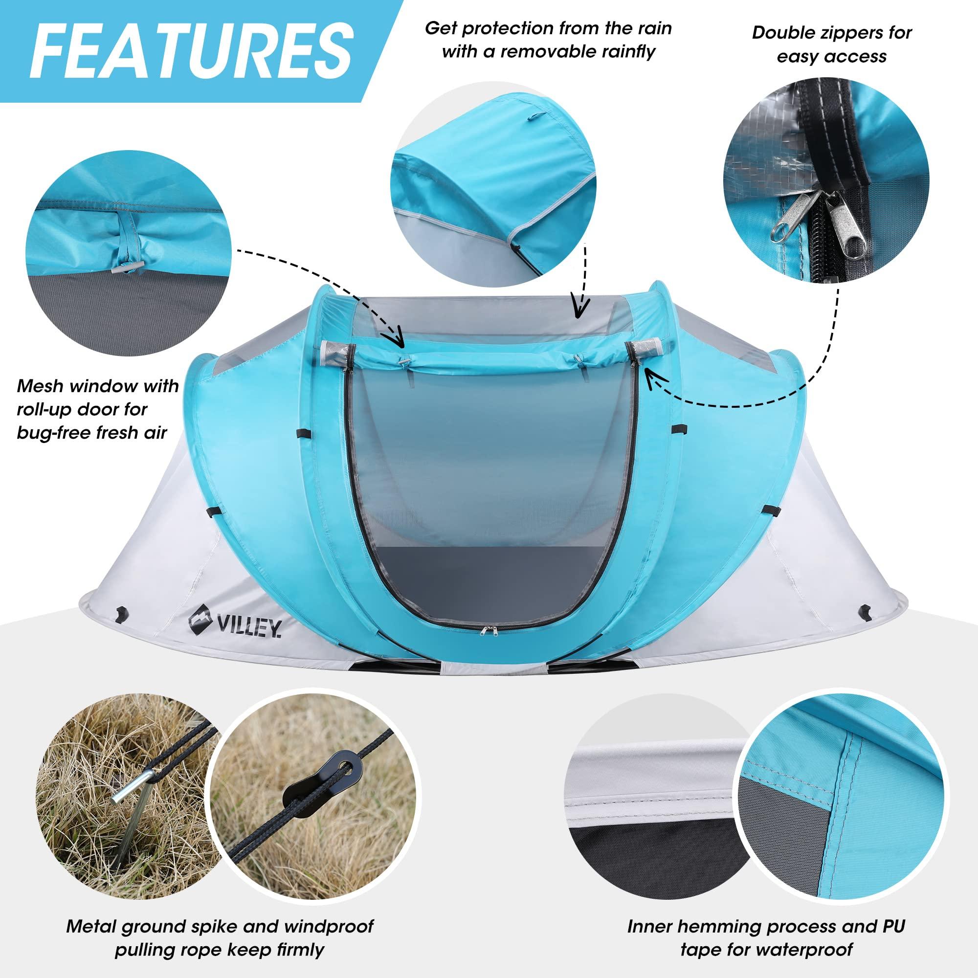 VILLEY VILLEY 2-Person Easy Pop Up Tent, Waterproof Automatic Setup Instant Lightweight Camping Beach Tent with Carrying Bag for Camping, Hiking & Traveling - Blue