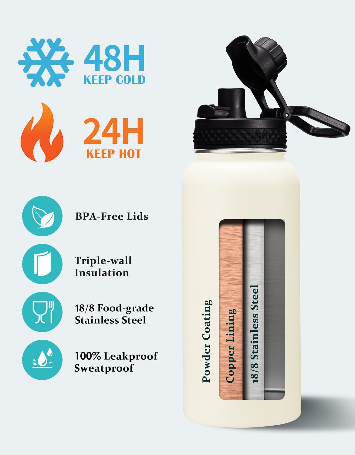 VICKNIY 32 oz Insulated Water Bottle with Straw - Chug Lid, (Cold 48h, Hot 24h) Stainless Steel Flask with Paracord Handle, Storage Pouch with Strap, Metal Thermos for School Travel Sports Gym Women