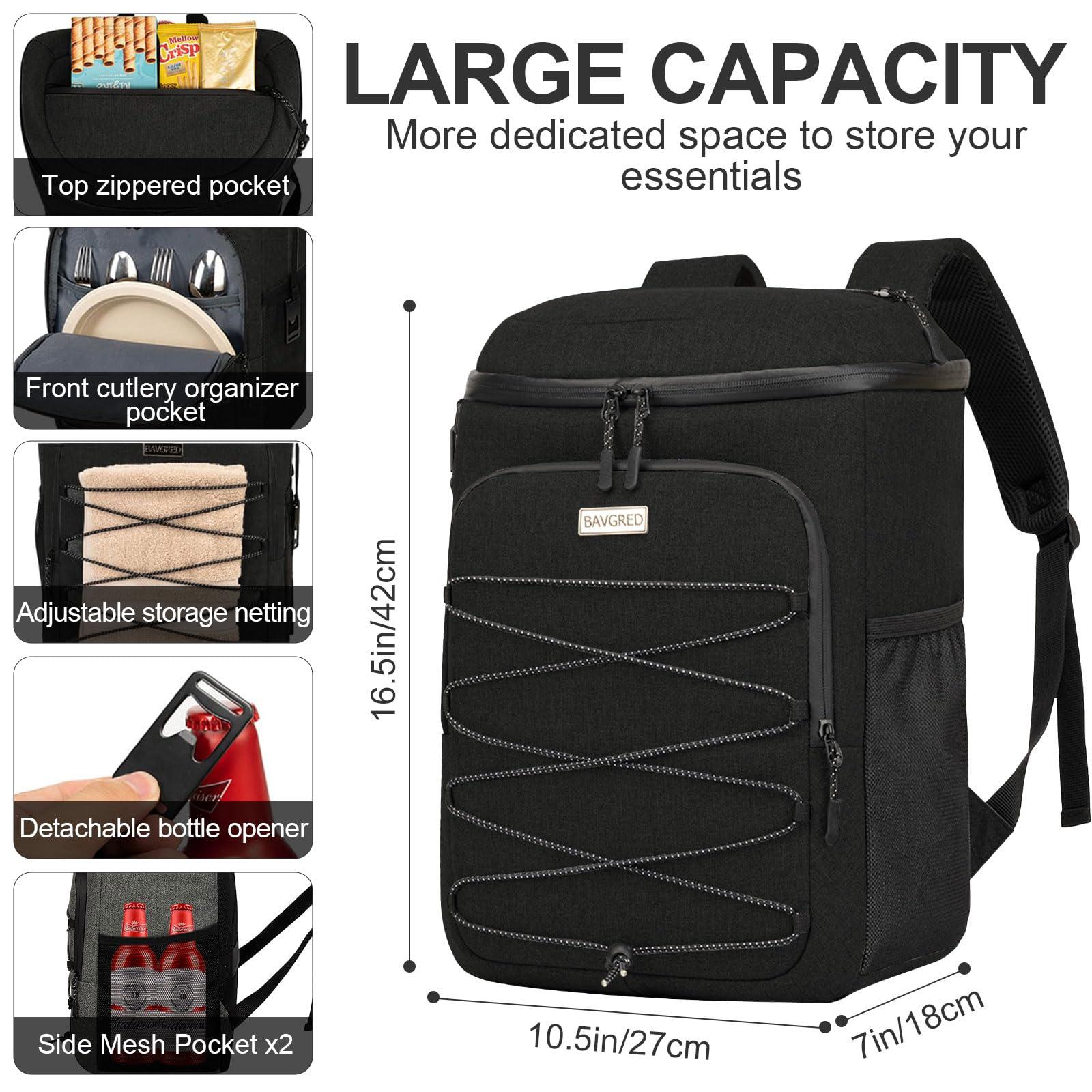 BAVGRED BAVGRED Cooler Backpack Insulated Leak Proof, 30 Cans Backpack with Cooler Compartment for Men and Women, Soft Sided Cooler Bag, Lightweight Ice Chest Lunch Backpack for Beach Camping Picnic Hiking