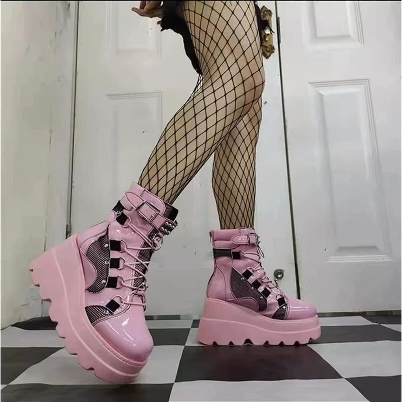 ZBYY ZBYY Women's Combat Ankle Boots Zipper Lace Up Chunky Military Platform Shoes Wedge Heel Studded Goth Mid Calf Combat Booties