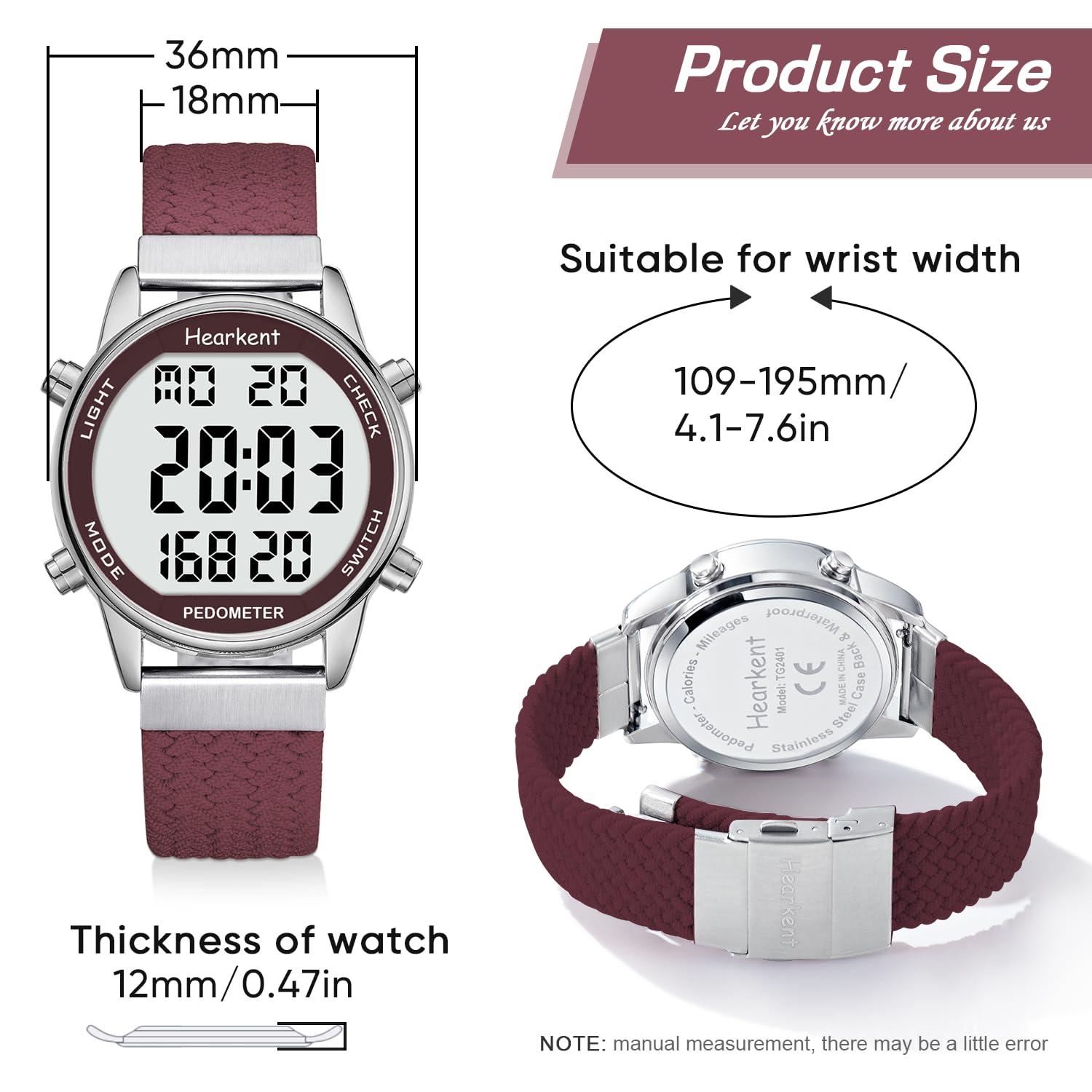 Hearkent Ladies Pedometer Watch for Walking-Step Tracker Watch with Calories Counter-Non Bluetooth Pedometer Watches-LCD Large Numbers-30M Waterproof Watch-Wrist Watch Step Counter for Women(Red)