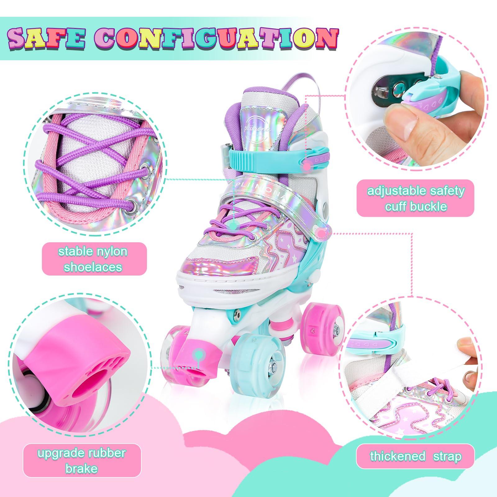 PLIIMONA Kids Roller Skates for Girls Boys Ages 5-8, Toddler Roller Skates for Ages 8-12, 4 Size Adjustable Light Up Wheels Rollerskates for Beginners Outdoor Indoor