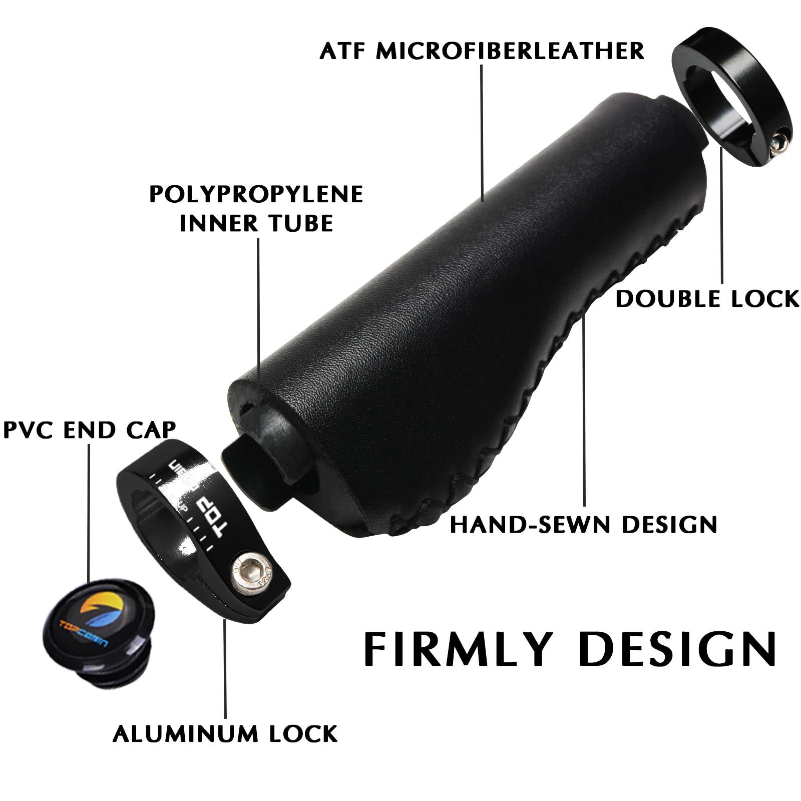 TOPCABIN TOPCABIN Bicycles Handlebar Grips, Aluminum Lock-on Ergonomic Bike Grips, Cushion Vibrations Comfort Bike Handlebar Grips, Mountain MTB BMX Bicycles Grips for Scooter (Hand-Sewn ATF Leather(Black))