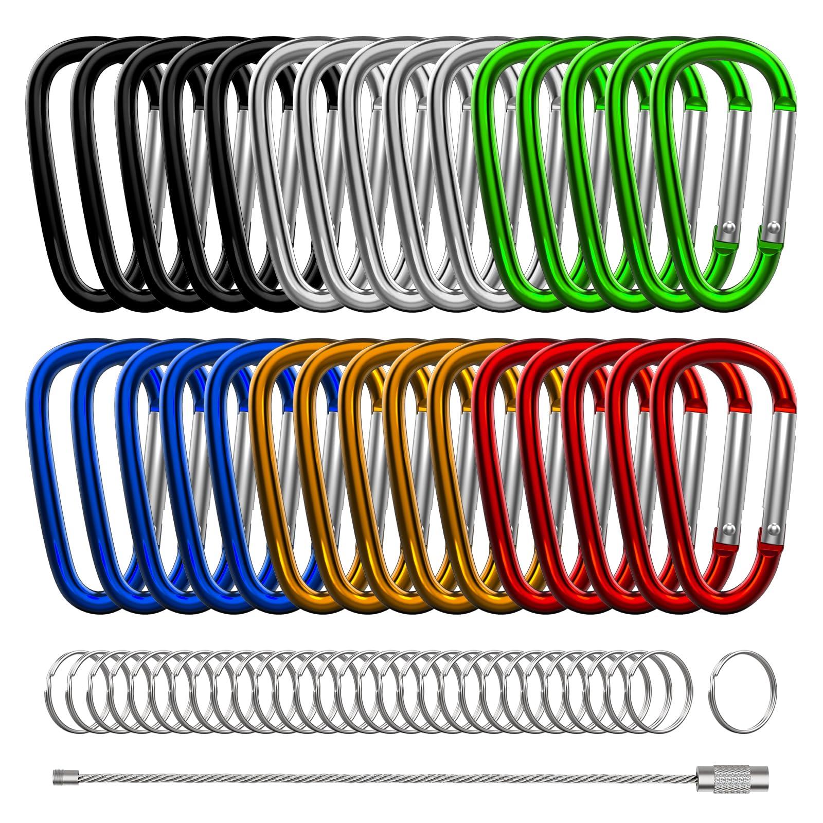 XIECHANEE XIECHANEE 30PCS 2\" Carabiner Clips, Small D Shape Carabiner Clips with Key Rings and Wire Keychain Cable, Multicolor