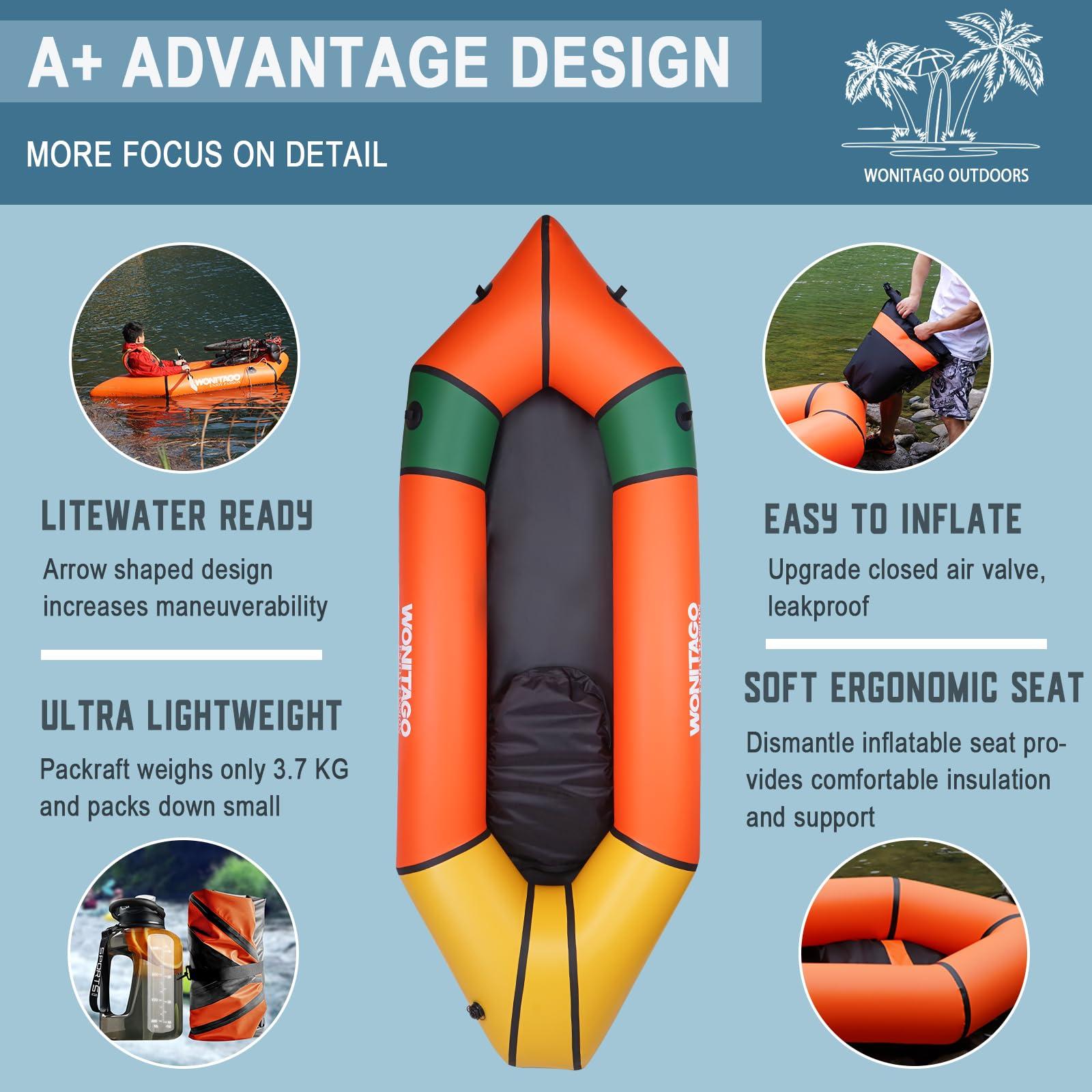 WONITAGO WONITAGO TPU Packraft Portable and Lightweight with Soft Seat, Inflatable Travel Kayaks for Flat Water Rafting/Bicycle Drifting/Litewater Dinghy, 255cm, Orange/Green
