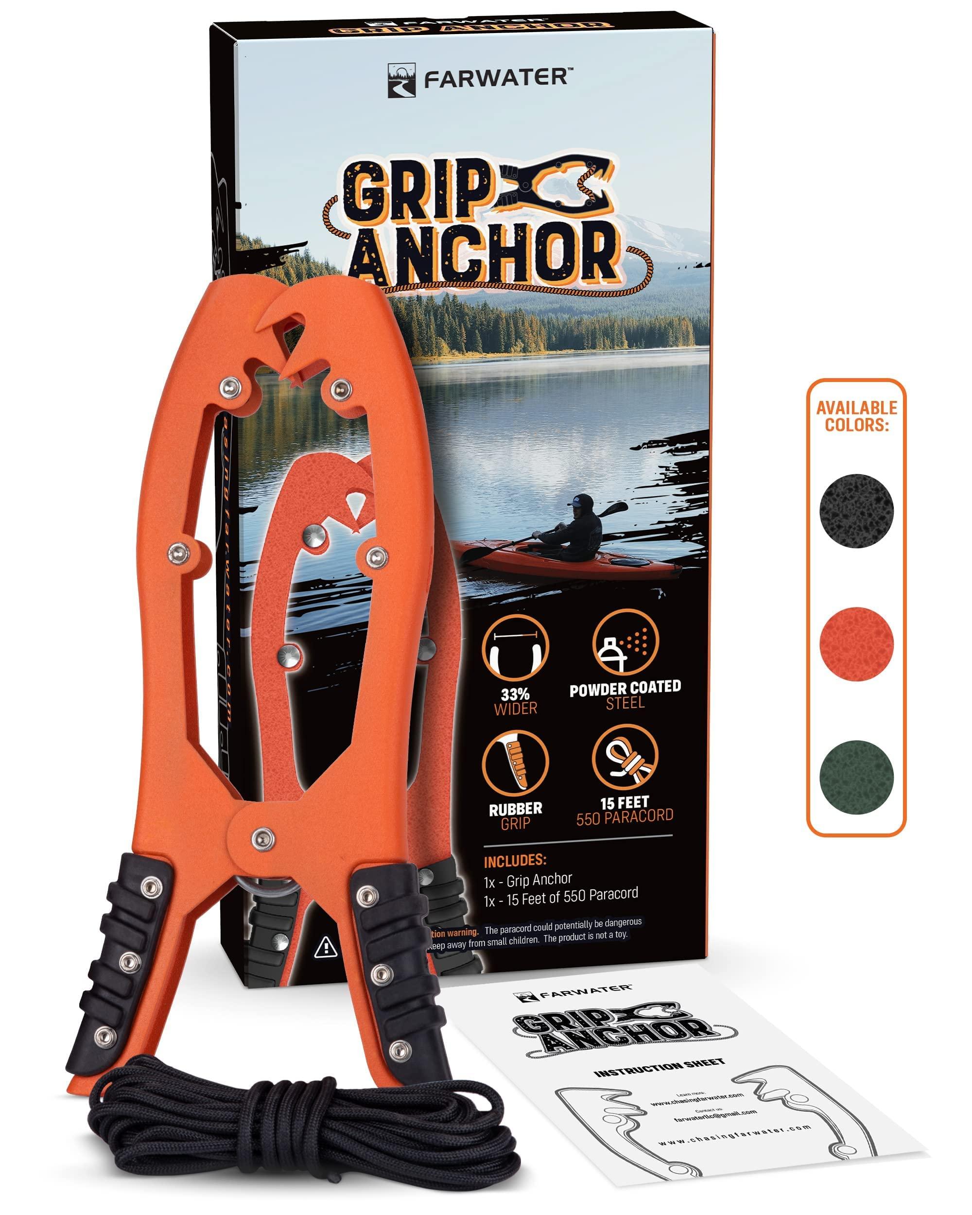 FARWATER FARWATER Canoe Anchor Grip - Boat, Float Tube & Kayak Fishing Accessories, Kayaking Equipment - Brush Clamp Anchor with Teeth - Gripper with 15ft Paracord - Rubber Grips - Coated Steel - Matte Orange