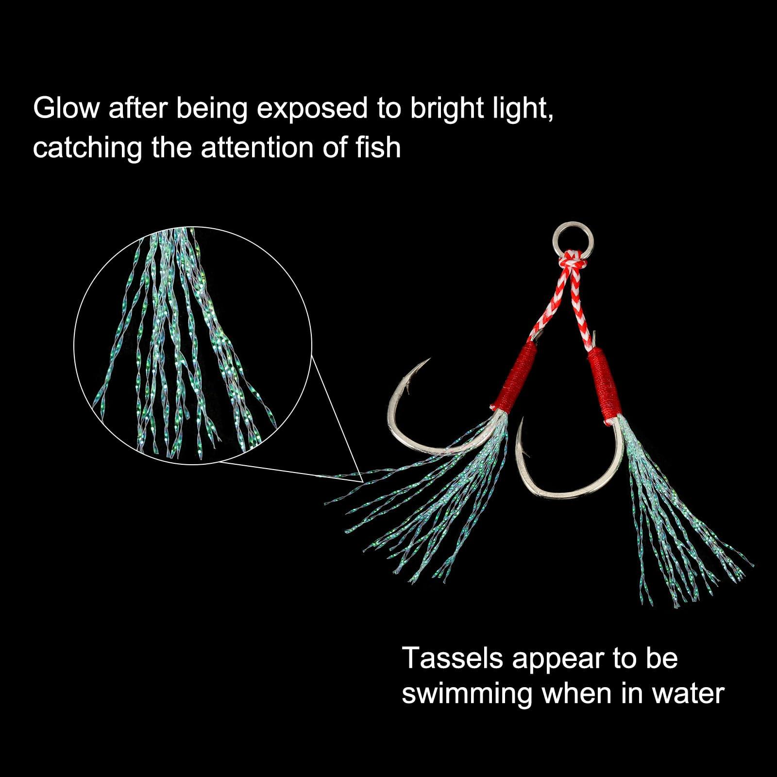 PATIKIL PATIKIL Double Fishing Assist Hooks Kit, 5 Pcs Glow Jigging Hook Slow Fast Fall Jigs Fishing Hooks for Vertical Jigging Lures, Green (18#, 2.8"x0.7")