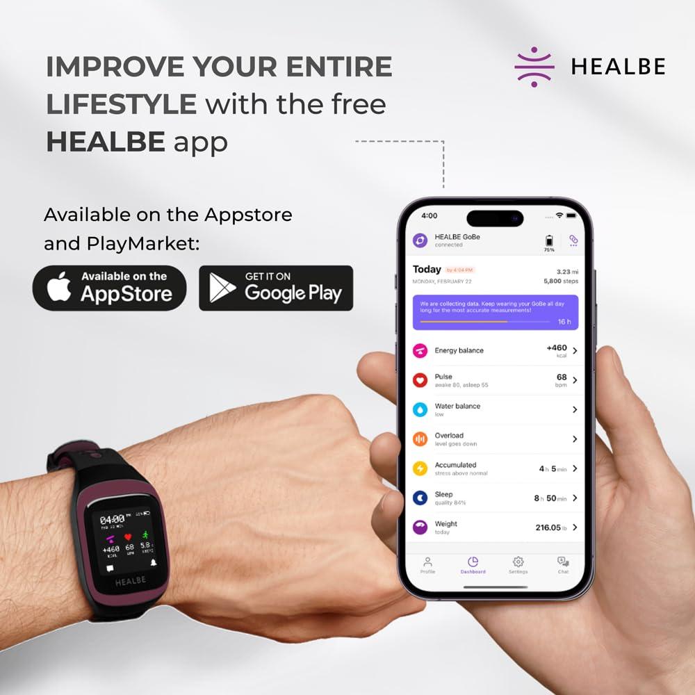 HEALBE GoBe HEALBE GoBe3 - Wearable Health, Fitness and Activity Tracker with Automatic Tracking of Calorie Intake and Burning, Water Balance, Heart Rate, Sleep, neuroactivity, and Stress, with Free app, Burgundy