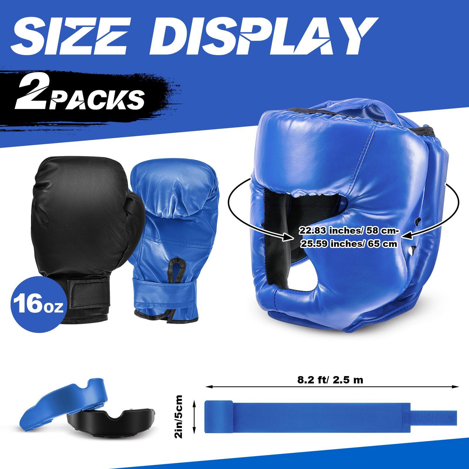 Kanayu Kanayu 14 Pcs Boxing Set Including 2 Pair of 16 oz Boxing Gloves Headgear Helmet Hand Wraps Mouth Guards Gifts for Adults Youth Beginners Training Equipment(Black, Blue)