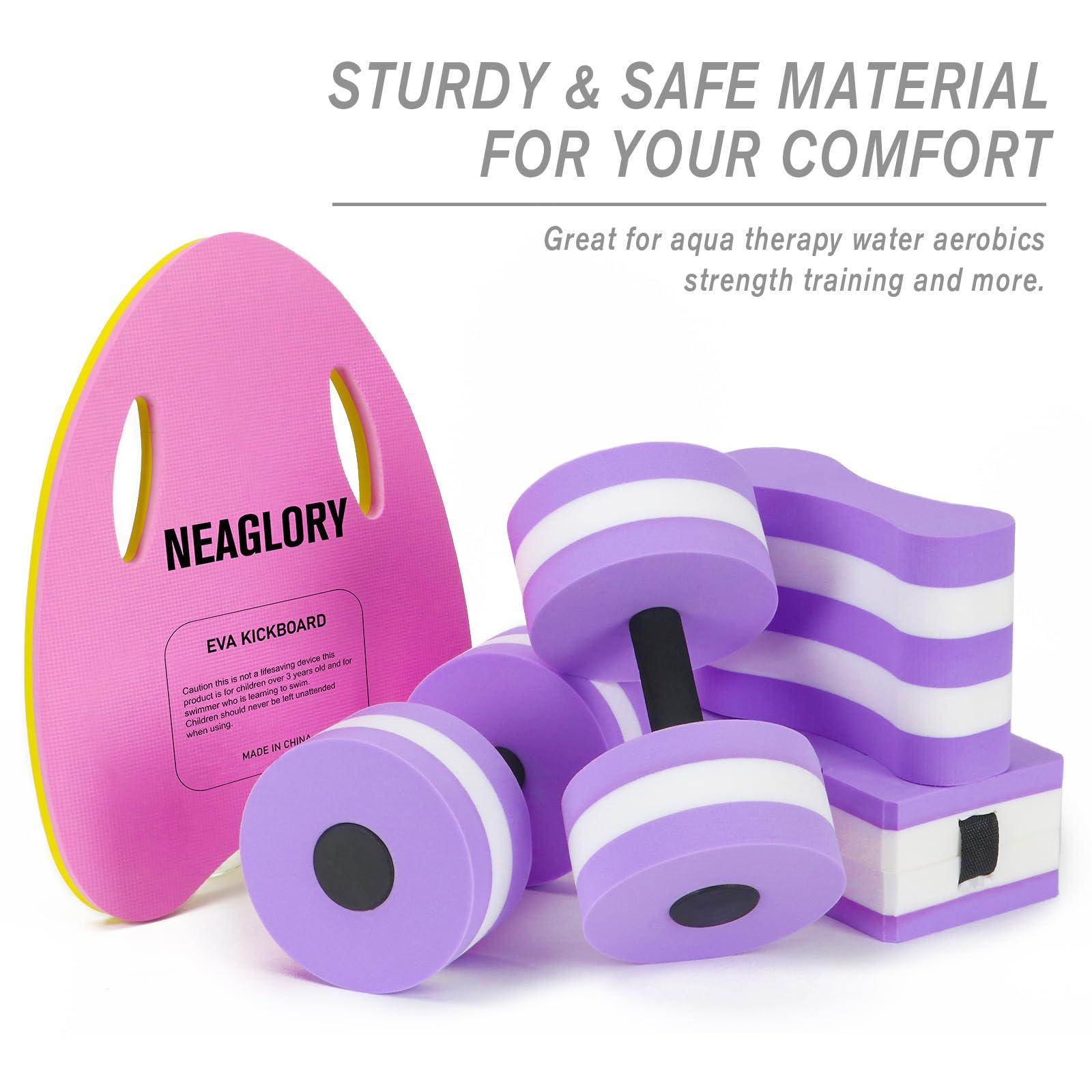 NEAGLORY NEAGLORY 5 Pieces Water Aerobics Set Aquatic Exercise Set Pool Fitness Equipment Foam Water Dumbbell, Swim Kickboard, Pull Buoy, Aquatic Swim Belt for Water Exercise, Purple