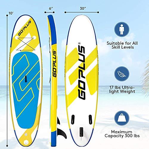 Goplus Goplus Inflatable Stand Up Paddle Board, 11 x 30 x 6 SUP with Accessory Pack, Adjustable Paddle, Carry Bag, Bottom Fin, Hand Pump, Non-Slip Deck, Leash, Repair Kit (Yellow+Blue, 11FT)