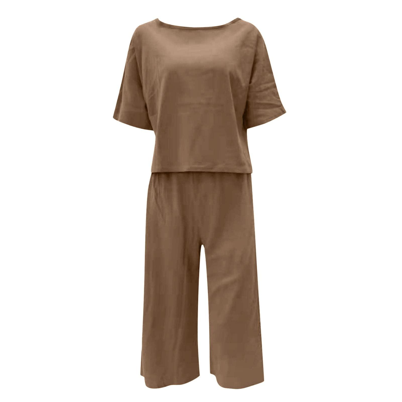 WABEOR 2 Piece Linen Set for Women Summer Outfits Casual Two Piece Pants Sets Loose Crop Linen Tops Wide Leg Capris Comfy Lounge Set B-Khaki