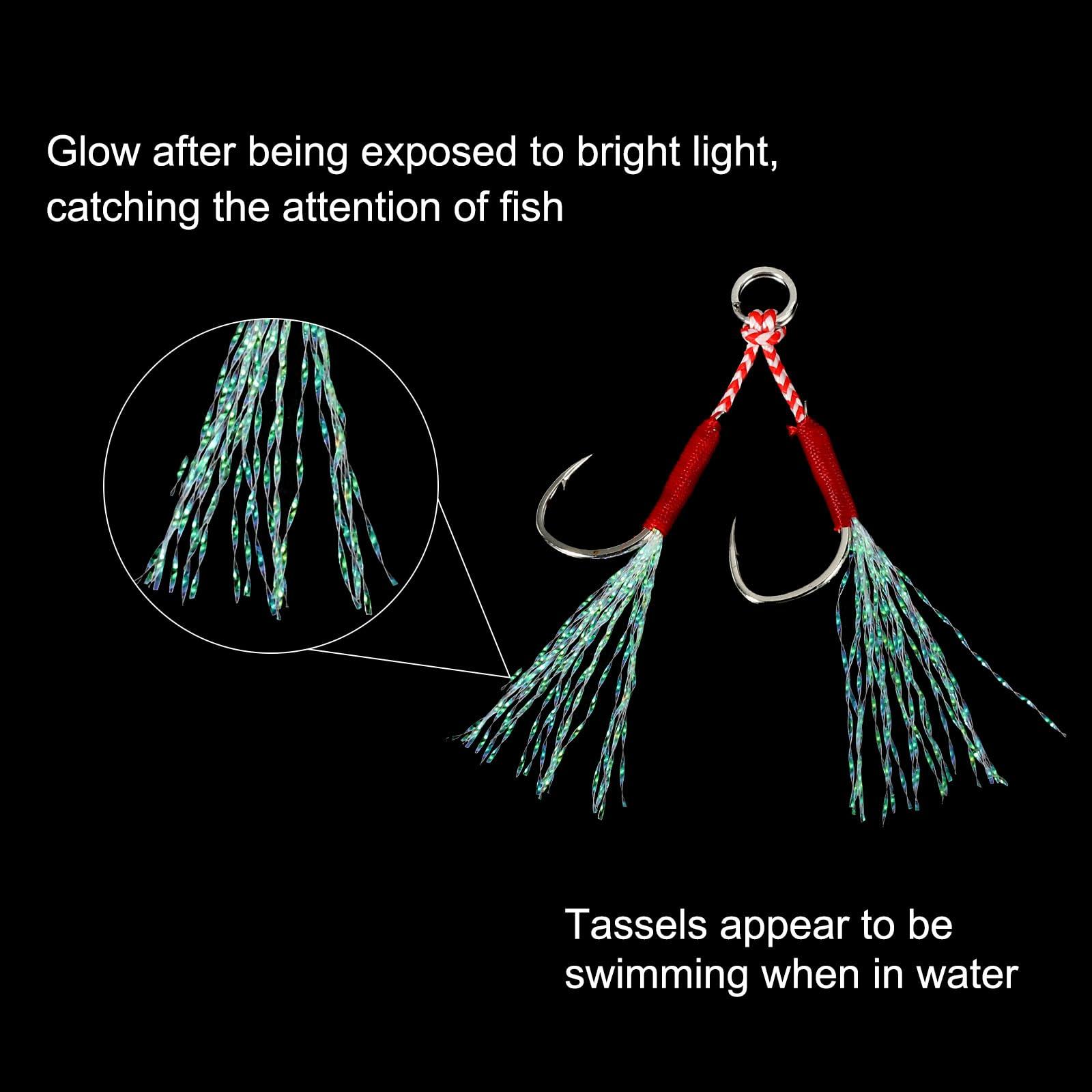 PATIKIL PATIKIL Double Fishing Assist Hooks Kit, 5 Pcs Glow Jigging Hook Slow Fast Fall Jigs Fishing Hooks for Vertical Jigging Lures, Green (11#, 2.1\"x0.4\")