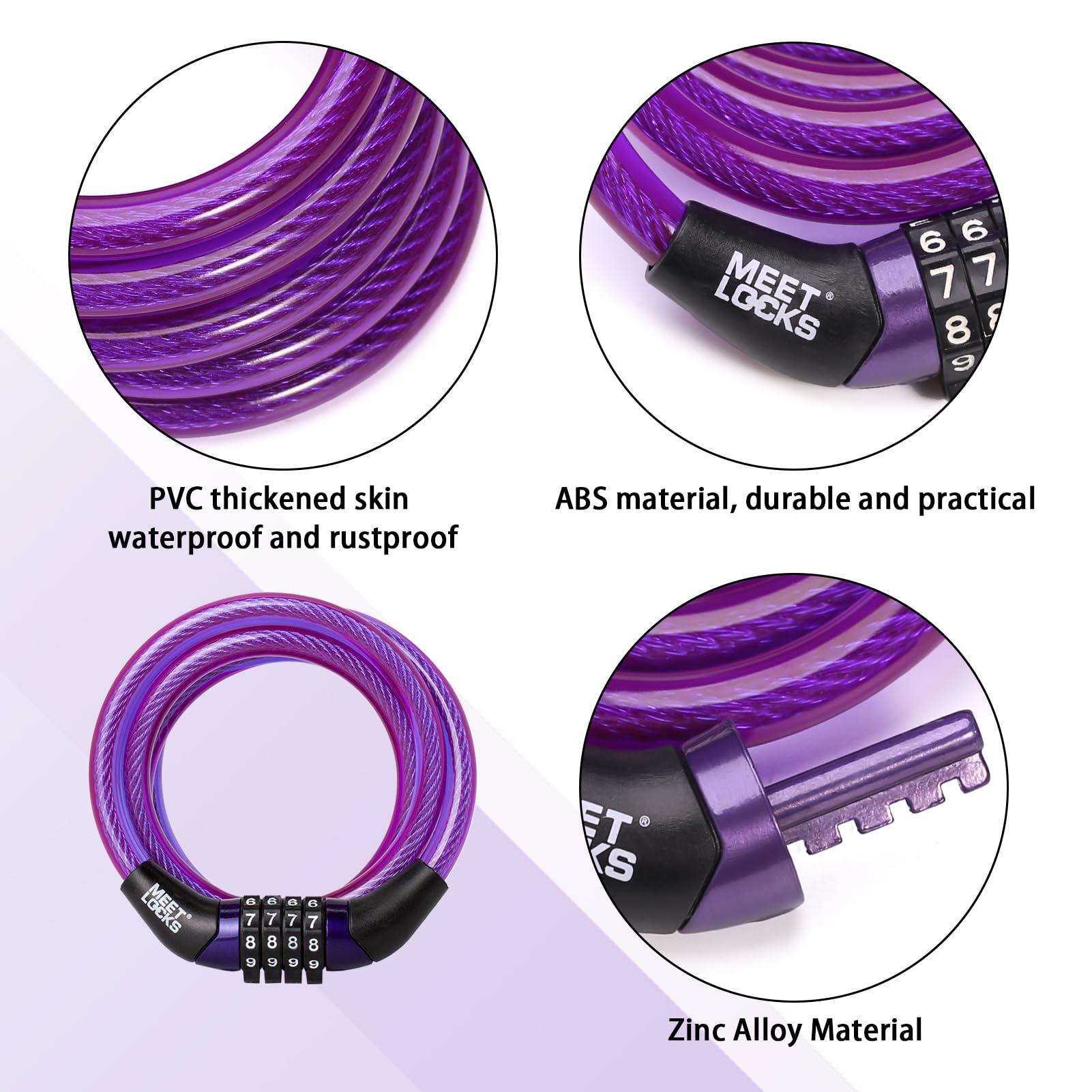MEETLOCKS MEETLOCKS Combination Bike Cable Lock, Lightweight Mini Bike Lock for Kids Bike,Cable Size 1/3\" x 4\', Purple Security Resettable Cable Lock