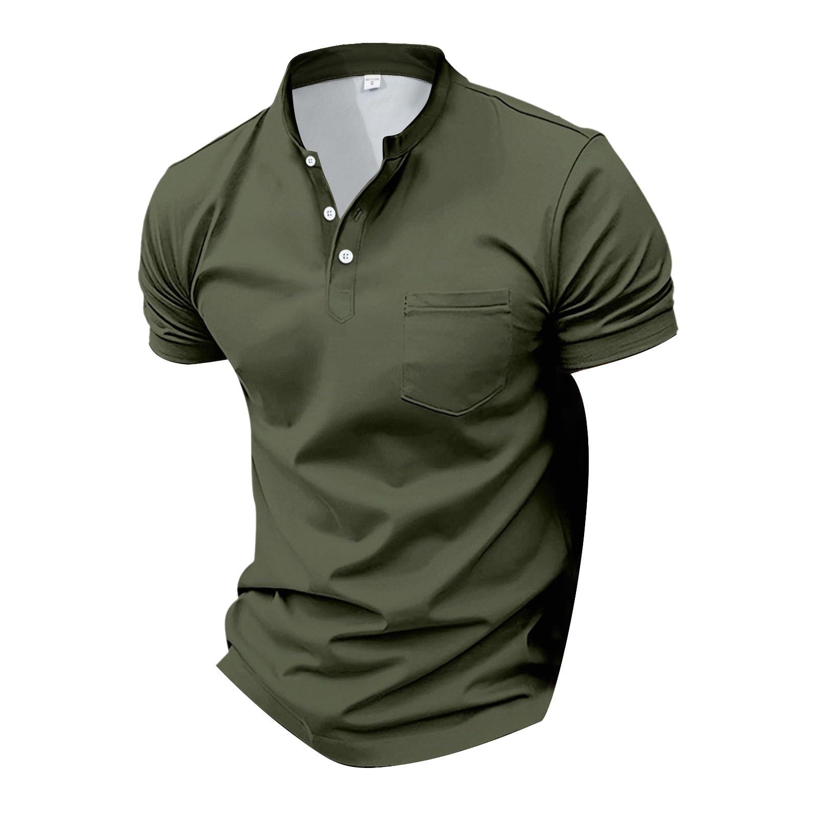 NineFit Basics Collarless Golf Shirts for Men Slim Fit Short Sleeve Muscle T Shirt Business Casual Work Polo Shirts with Pockets Green