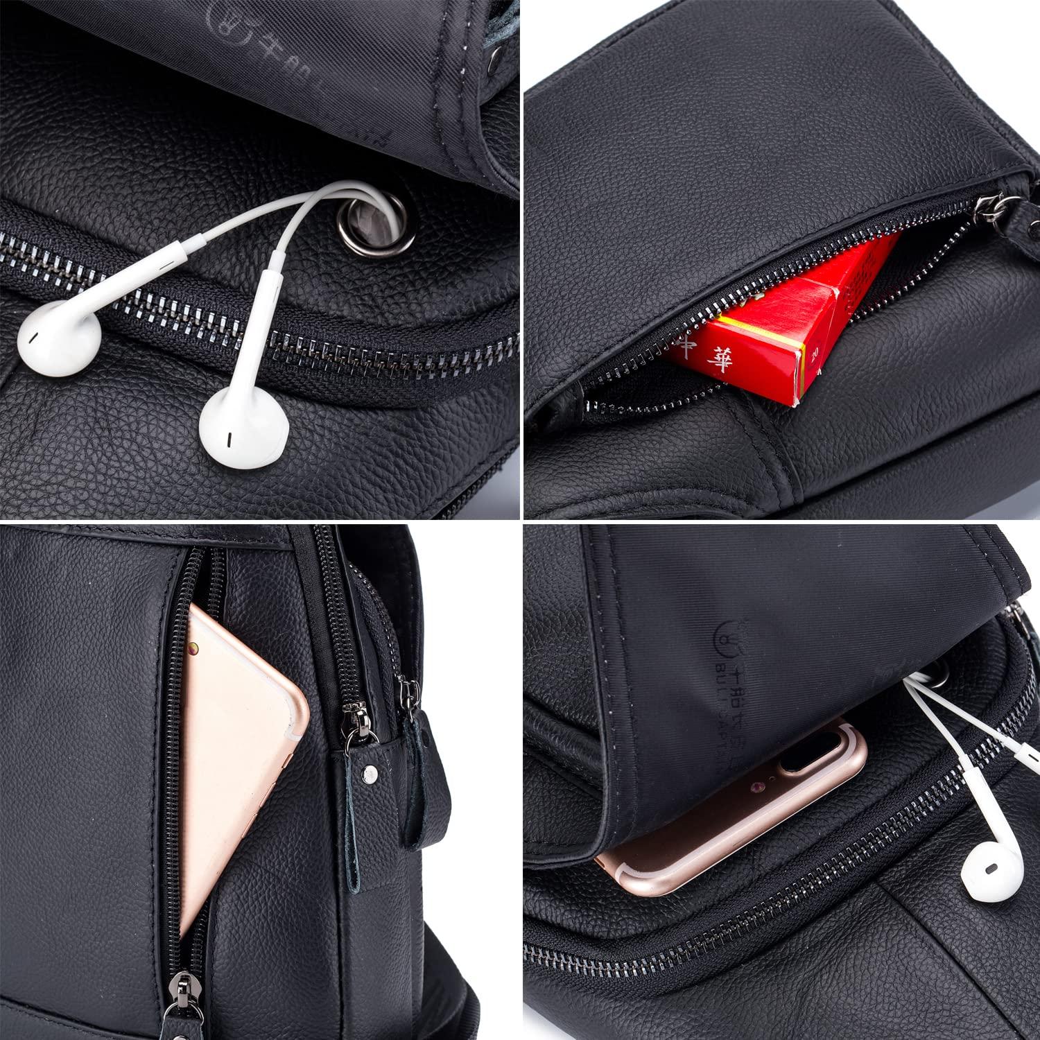 Hebetag Hebetag Leather Sling Crossbody Bag Casual Daypack for Men Women Outdoor Travel Hiking Camping Fishing Shoulder Chest Pack Day Pack, Black