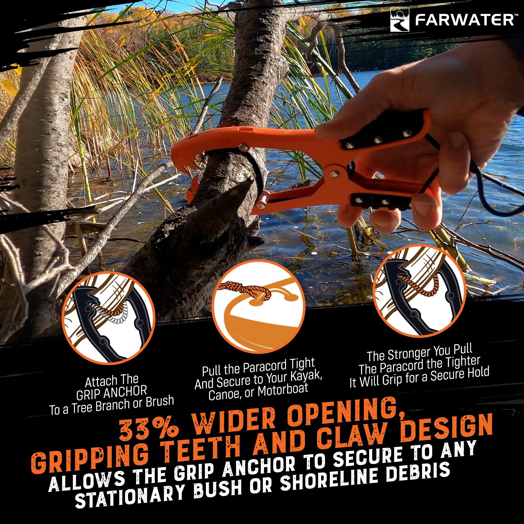 FARWATER FARWATER Canoe Anchor Grip - Boat, Float Tube & Kayak Fishing Accessories, Kayaking Equipment - Brush Clamp Anchor with Teeth - Gripper with 15ft Paracord - Rubber Grips - Coated Steel - Matte Orange