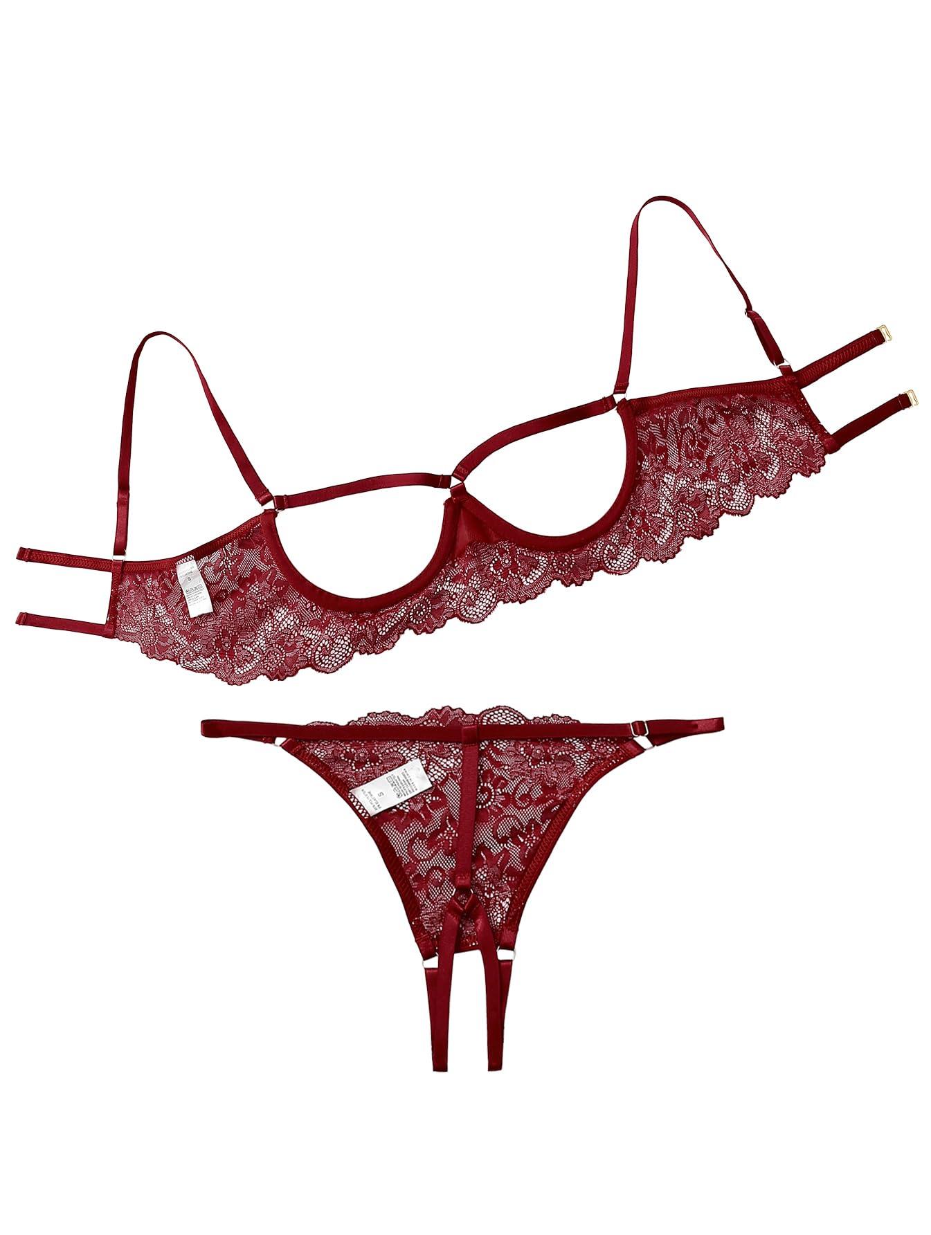 Lilosy Lilosy Petite Women's Sexy Underwire Floral Lace Sheer Bachelorette Lingerie Set See Through Bra and Panty 2 Piece Flower Burgundy Red X-Small
