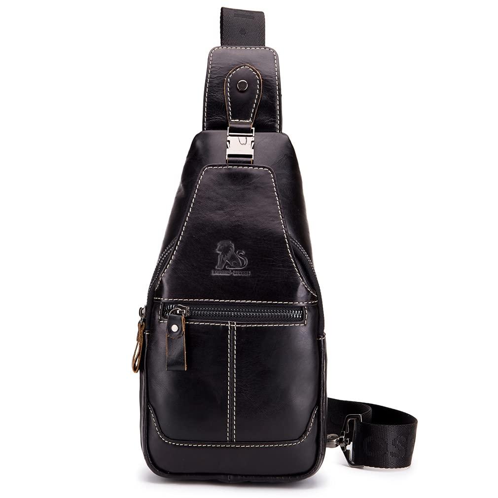 Hebetag Hebetag Leather Sling Bag Crossbody Backpack for Men Women Outdoor Travel Camping Hiking Shoulder Chest Day Pack Casual Daypack, Black