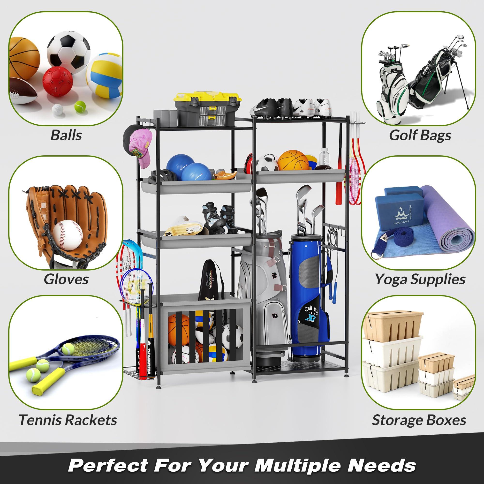 Sttoraboks Sttoraboks Garage Sports Equipment Organizer, Large Sports Storage Rack Fits 2 Golf Bags and Other Sports Equipment, Sports Ball Gear Storage Stand with Oxford Baskets and Hooks for Indoor, , Black