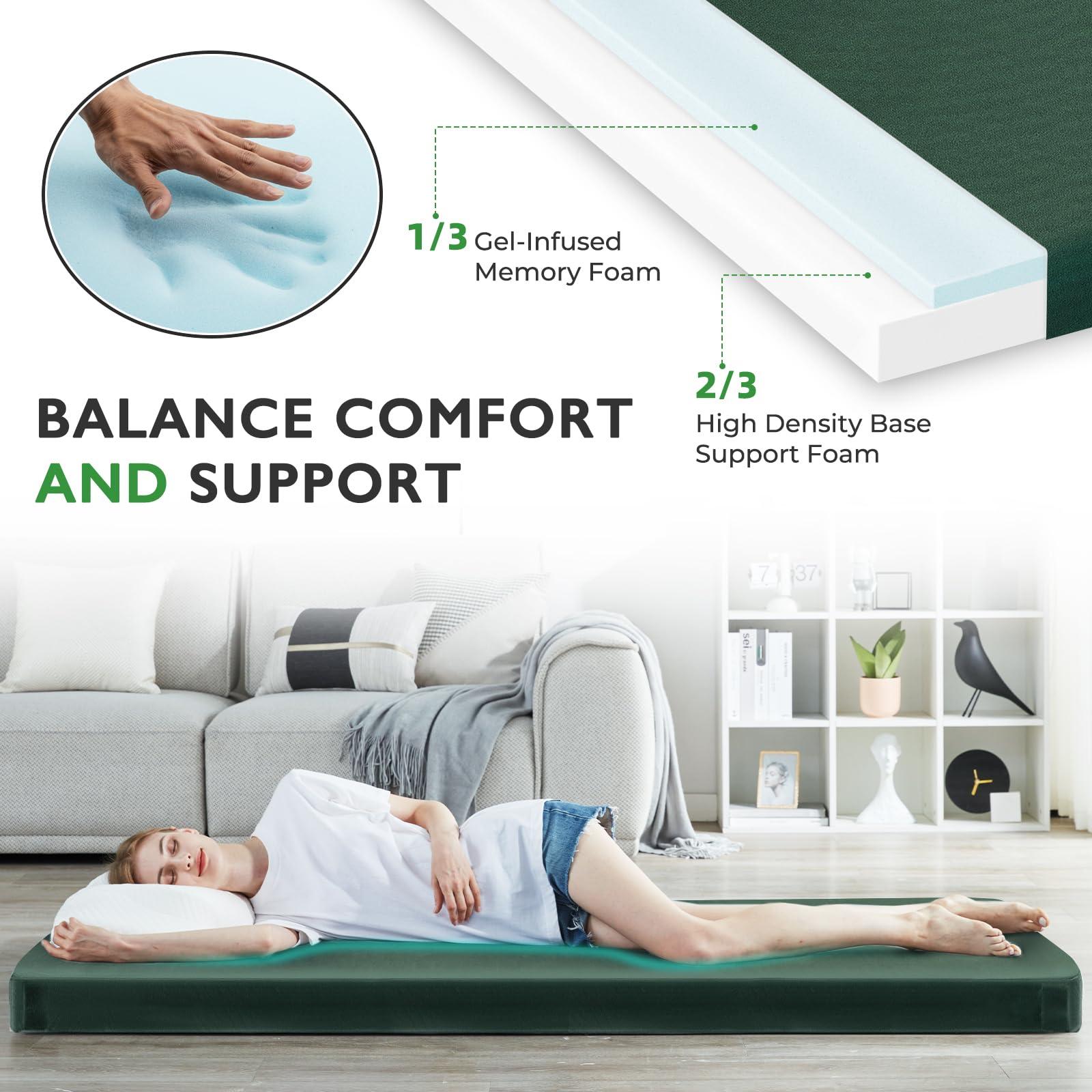 Kingfun Kingfun 3 Inch CertiPUR-US Memory Foam Camping Mattress, Waterproof Roll up Sleeping Pad for Adults, Comfortable Thick Floor Sleeping Mats for Car Truck Tent with Removable Travel Bag,Green