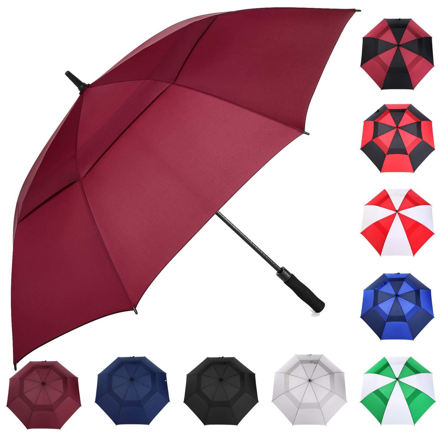 MRTLLOA MRTLLOA Automatic Open Golf Umbrella, Extra-Large Oversized Double Canopy Vented Windproof Waterproof Stick Rain Golf Umbrellas for Men and Women (Burgundy/62 inch)