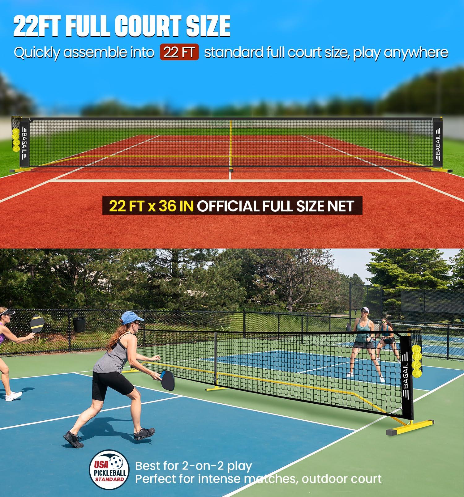 BAGAIL BAGAIL Portable Pickleball Net Set + 4 Pack Pickleball Paddles 22 FT Regulation Size & 11 FT Half Court Size 2-in-1 Pickle Ball Net with Ball Collector