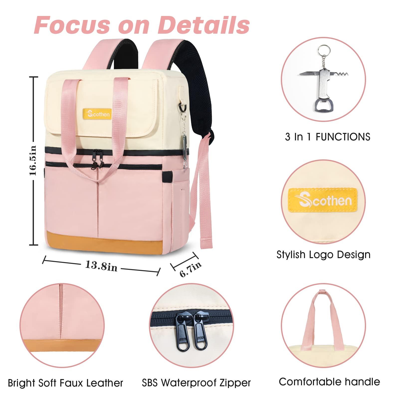 Scothen Scothen Backpack Cooler with Double Decker & 12 Ice Packs- Keeps 36 Cans Cold for Up to 8 Hours- Waterproof & Leak Proof Insulated Cooler Backpack- Stylish Cooler Bookbag for Women Travel Work Beach