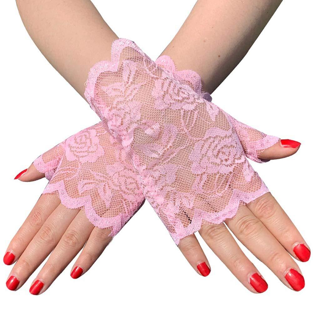 Tvoip Tvoip 1 Pair Womens Sun Protection Driving Half Finger Gloves Charming Sexy Lady Girl Lace Party Costume Fingerless Gloves (Pink)