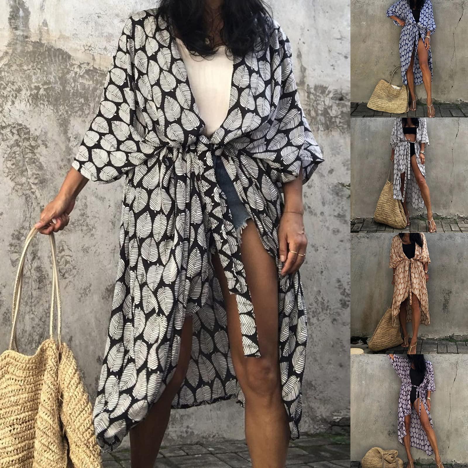 ZHENZQ ZHENZQ Women Swimsuit Printed Cover With Sleeve Long Gown Beach Dress Robe Beachwear Shawl Long Cover-ups Vacation
